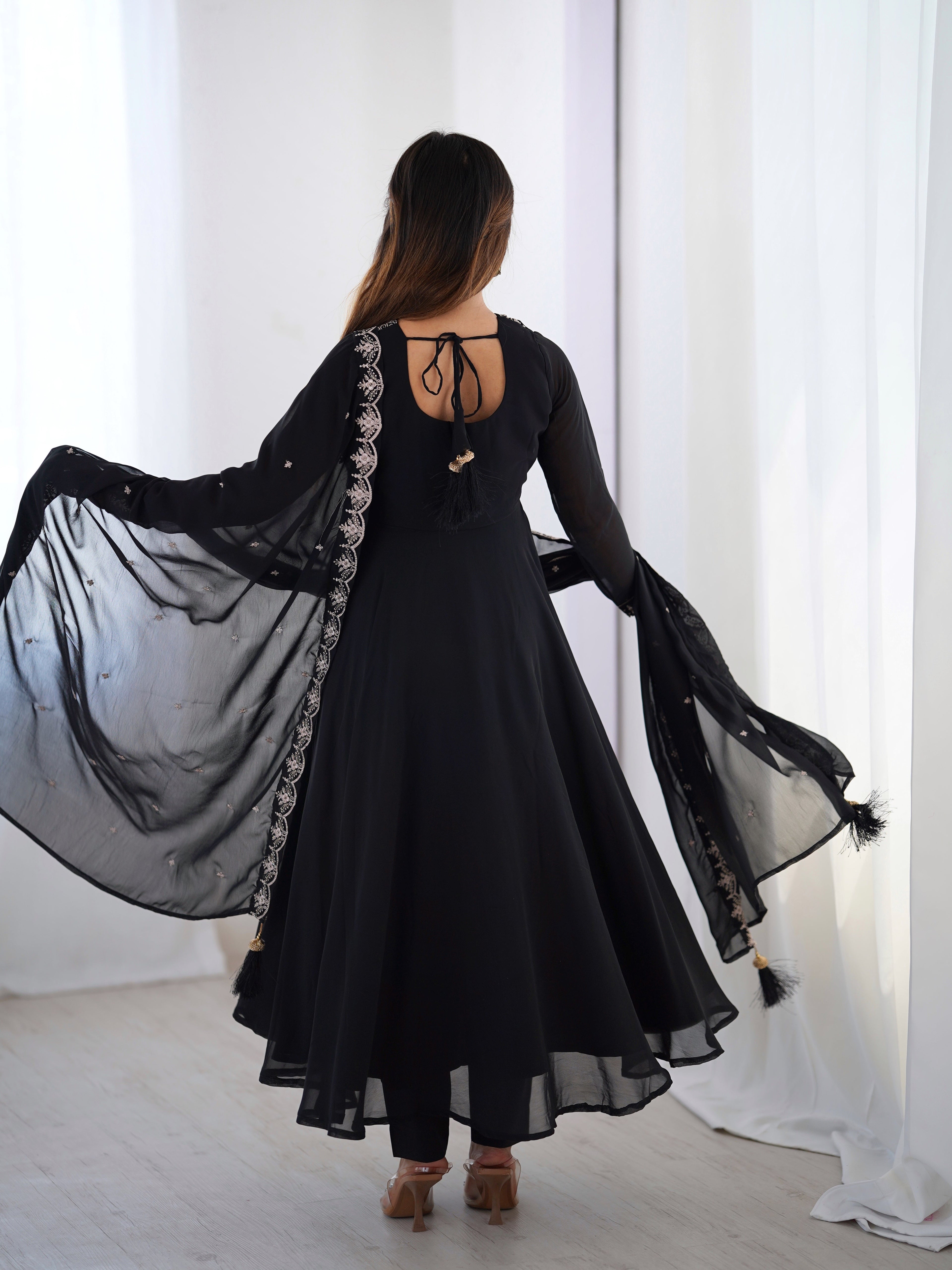 Black Embroidered Georgette Anarkali Set | Anarkali Suit For Women