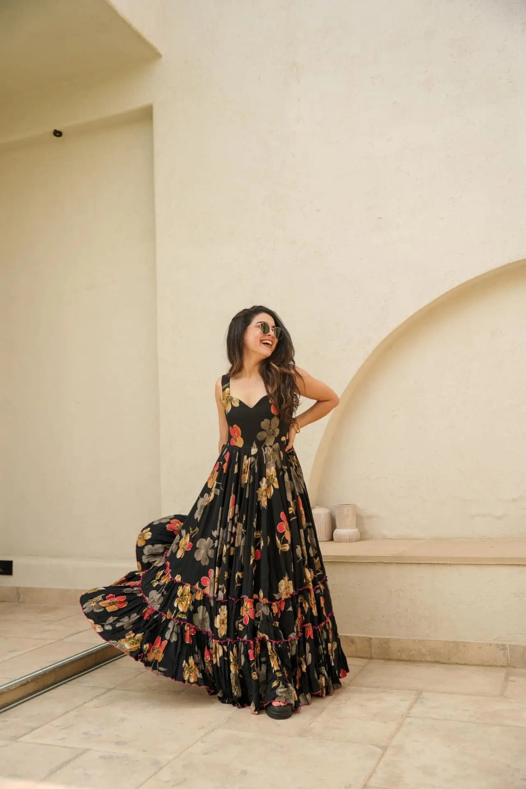 Black Color Floral Printed Full Flair Organza Maxi Gown For Women