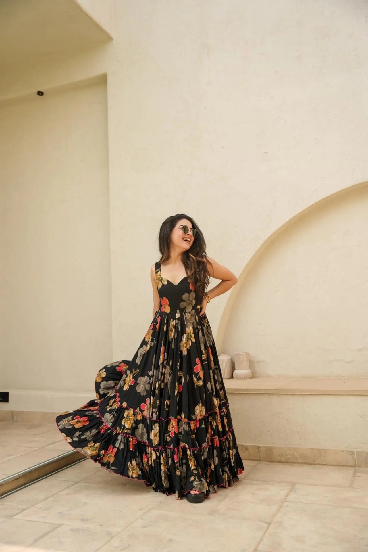Black Color Floral Printed Full Flair Organza Maxi Gown For Women