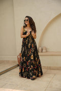 Black Color Floral Printed Full Flair Organza Maxi Gown For Women