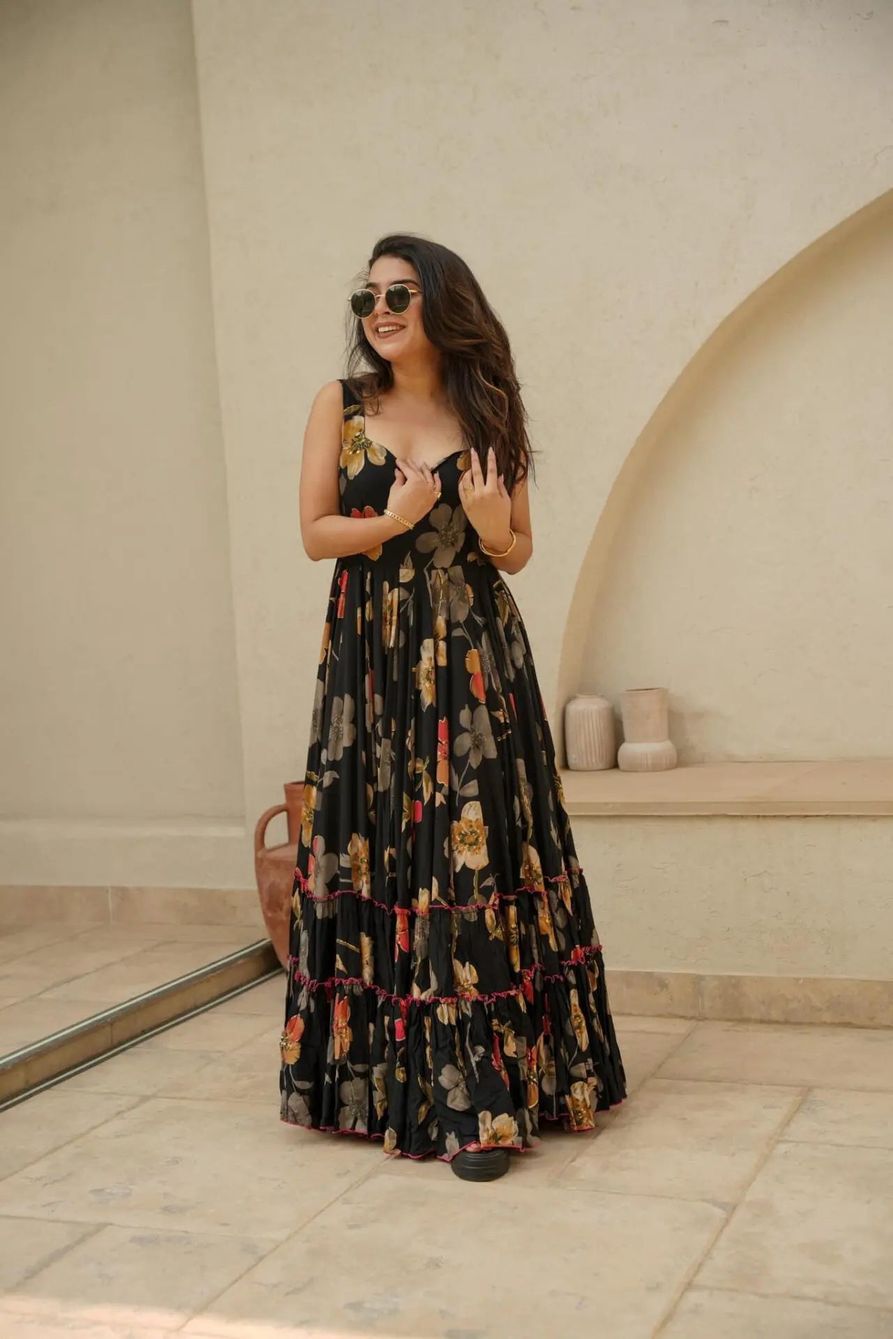 Black Color Floral Printed Full Flair Organza Maxi Gown For Women