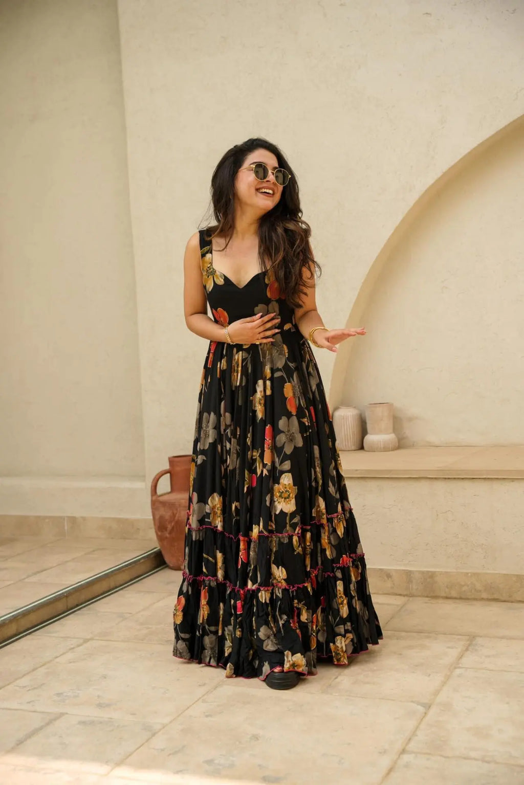 Black Color Floral Printed Full Flair Organza Maxi Gown For Women