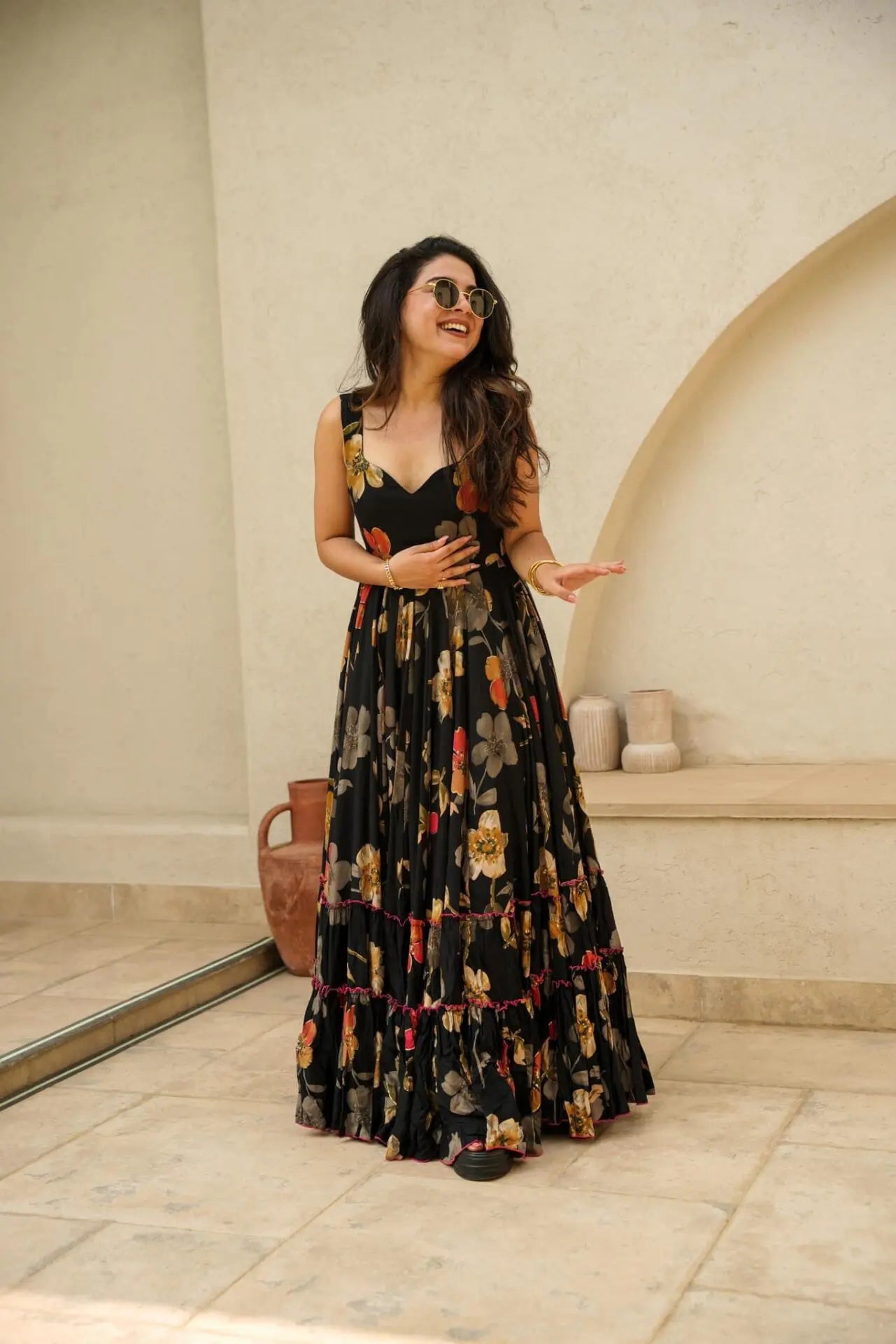 Black Color Floral Printed Full Flair Organza Maxi Gown For Women