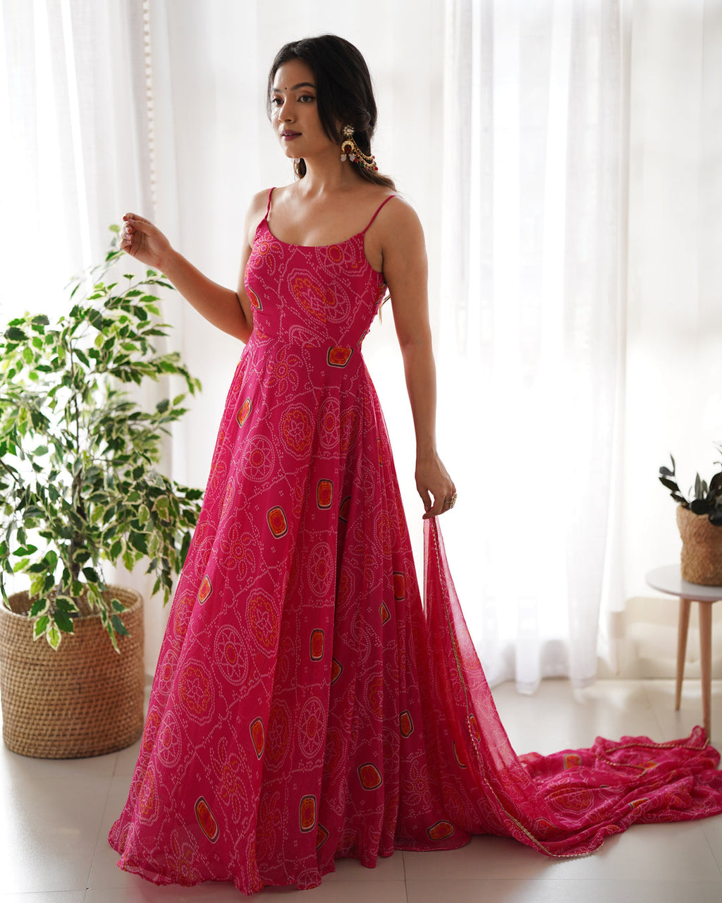 Rani Pink Bandhej Chiffon Anarkali Suit Set with Dupatta | Designer Party Wear Gown Set for Women