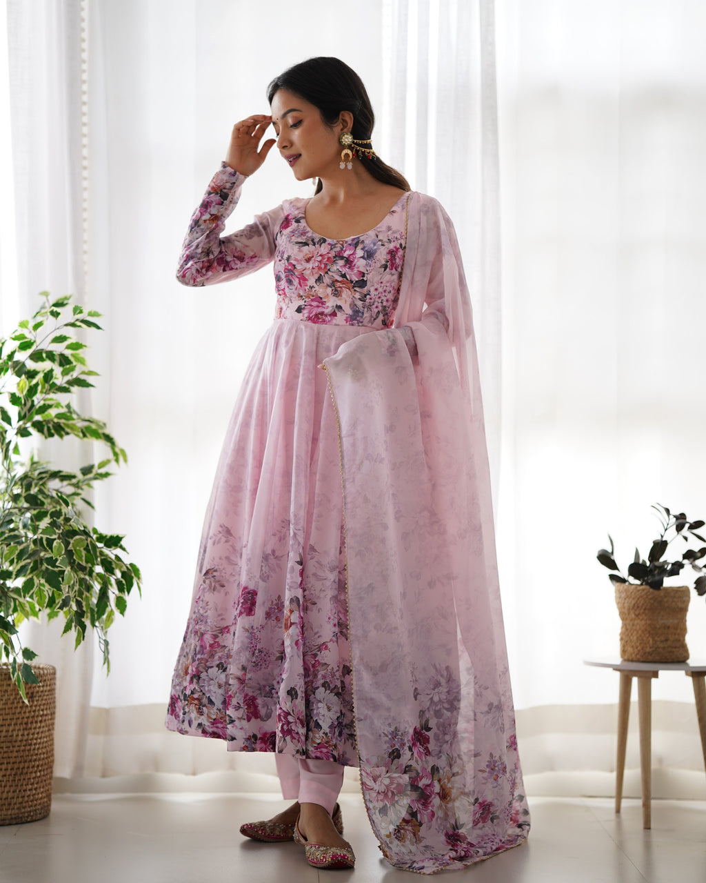 Baby Pink Color Floral Print Organza Three Piece Anarkali Suit For Women