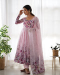 Baby Pink Color Floral Print Organza Three Piece Anarkali Suit For Women