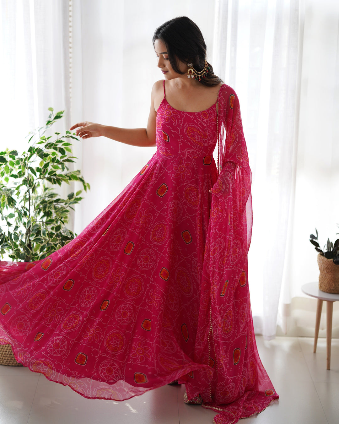 Rani Pink Bandhej Chiffon Anarkali Suit Set with Dupatta | Designer Party Wear Gown Set for Women