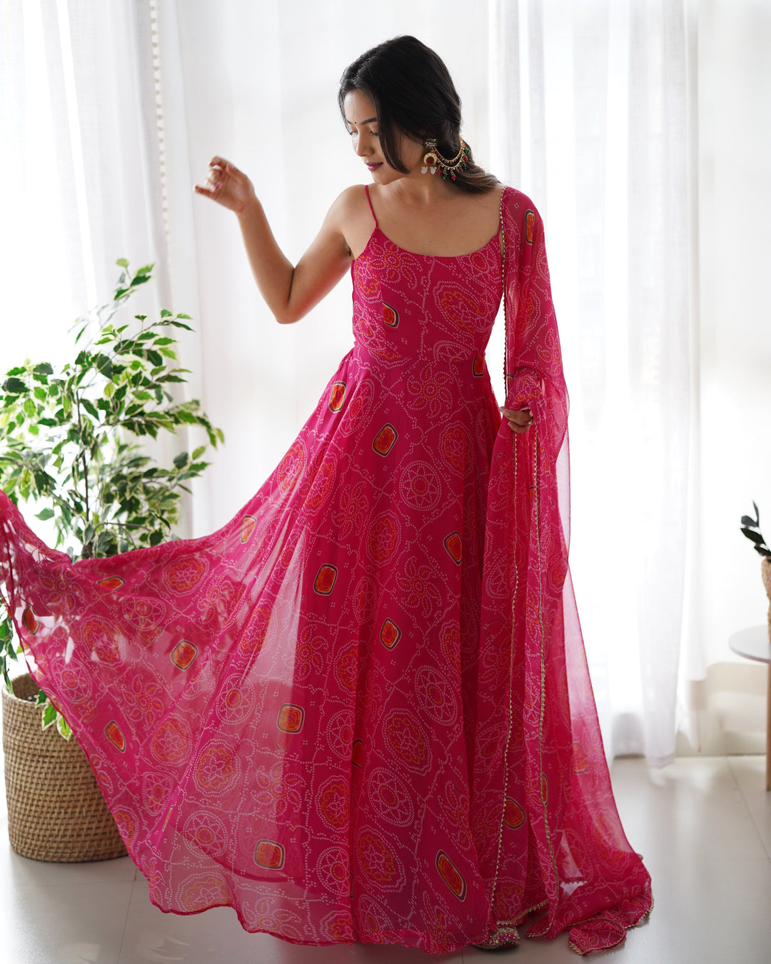 Rani Pink Bandhej Chiffon Anarkali Suit Set with Dupatta | Designer Party Wear Gown Set for Women