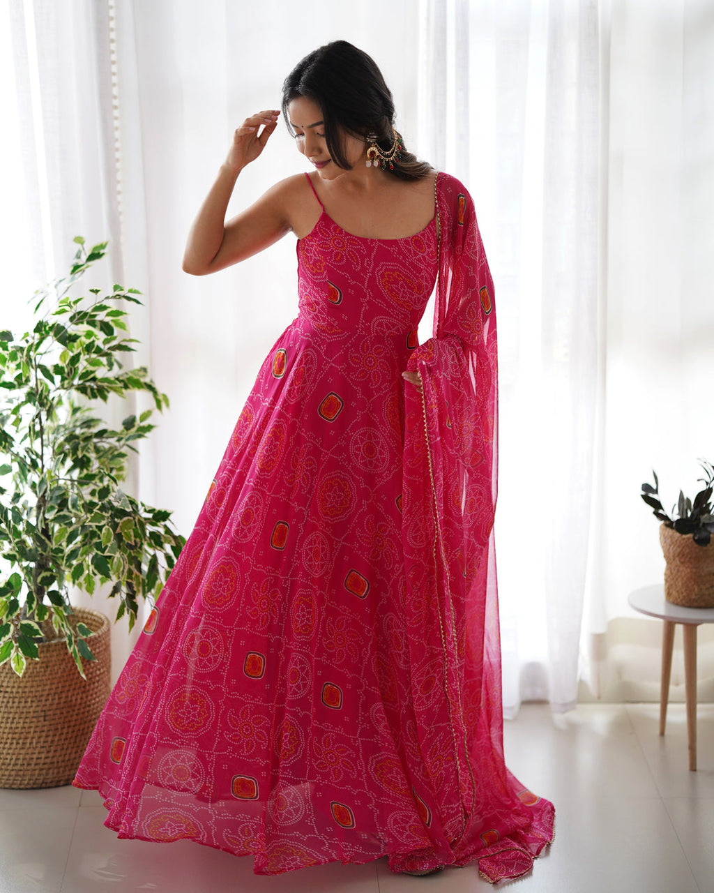 Rani Pink Bandhej Chiffon Anarkali Suit Set with Dupatta | Designer Party Wear Gown Set for Women