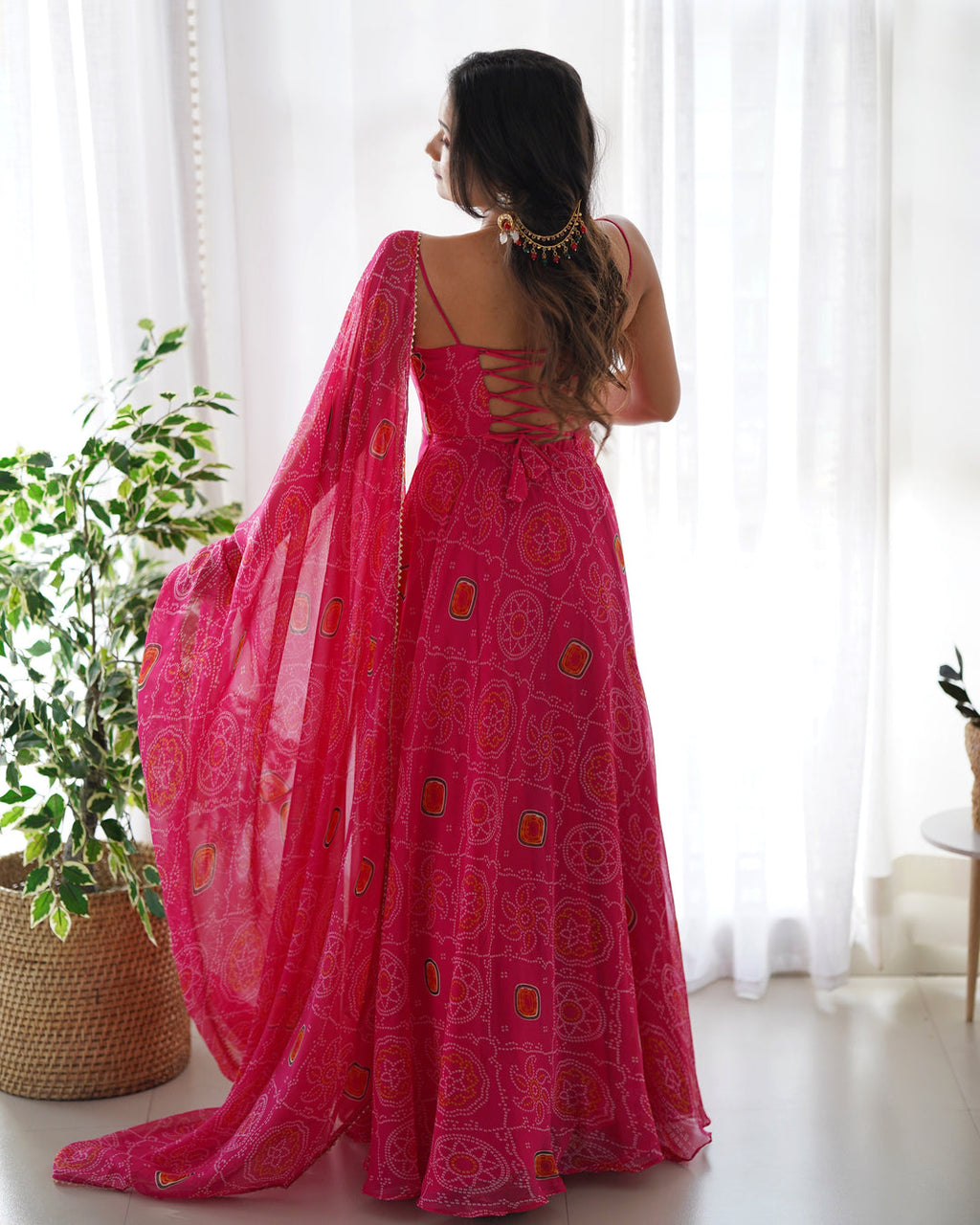 Rani Pink Bandhej Chiffon Anarkali Suit Set with Dupatta | Designer Party Wear Gown Set for Women
