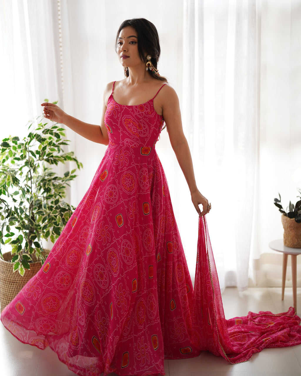 Rani Pink Bandhej Chiffon Anarkali Suit Set with Dupatta | Designer Party Wear Gown Set for Women