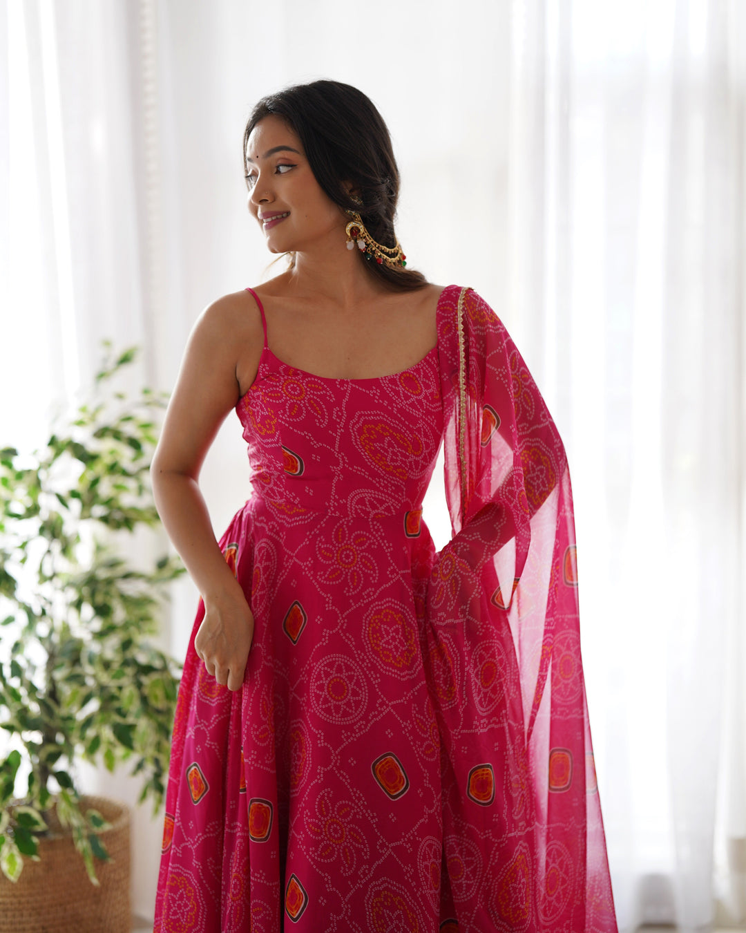 Rani Pink Bandhej Chiffon Anarkali Suit Set with Dupatta | Designer Party Wear Gown Set for Women