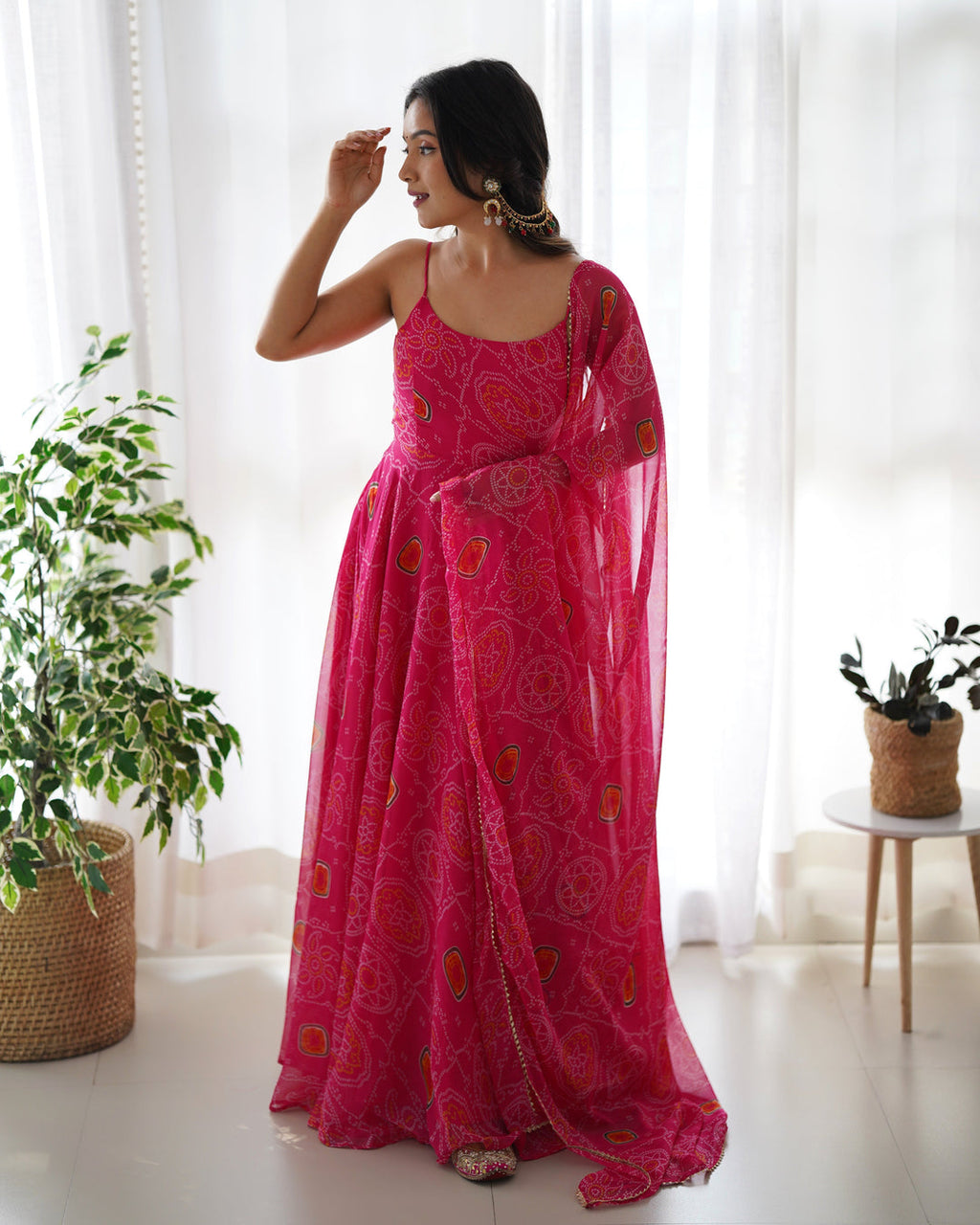 Rani Pink Bandhej Chiffon Anarkali Suit Set with Dupatta | Designer Party Wear Gown Set for Women