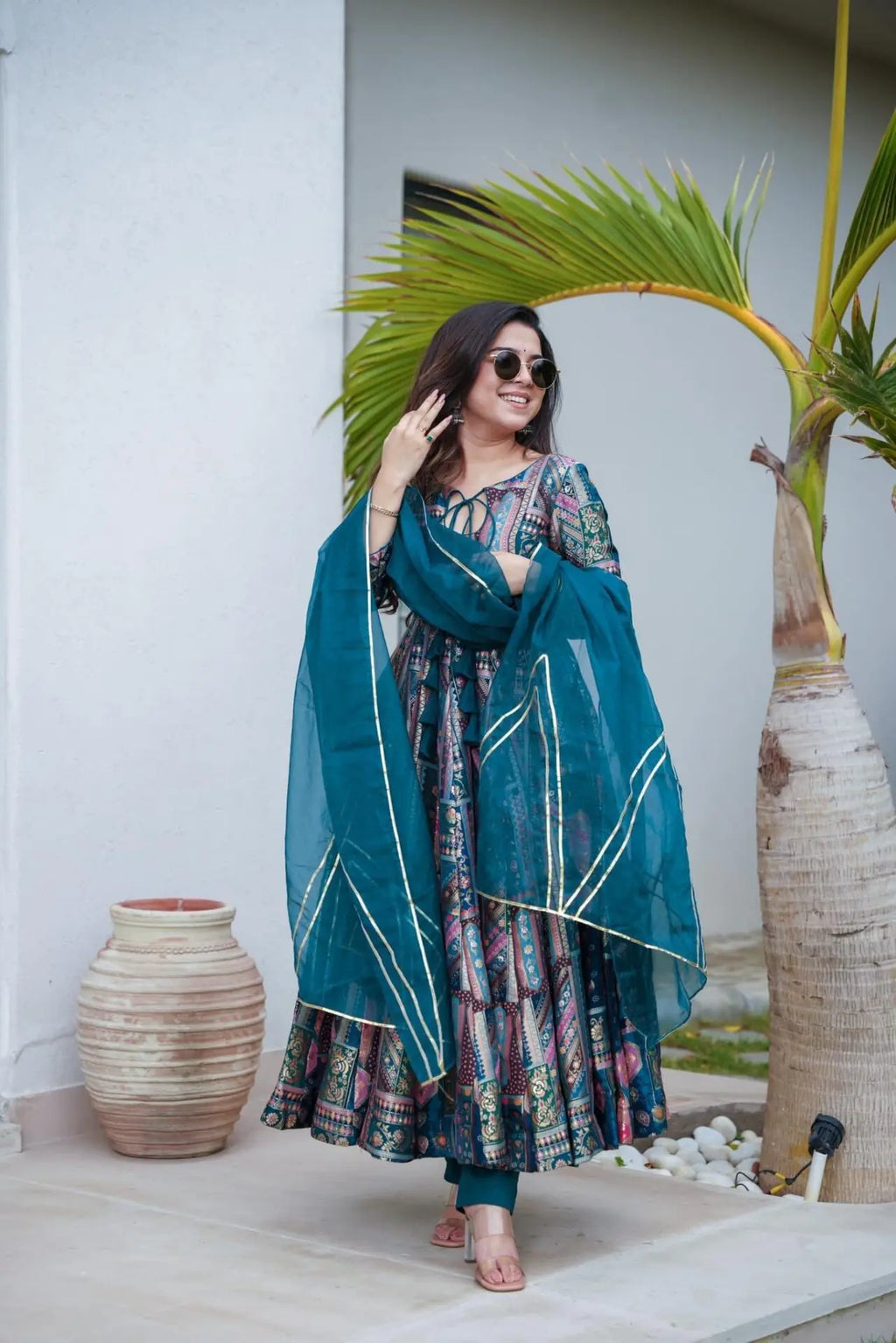 Shining Blue Color Multi Bright Silk Anarkali Suit For Women