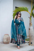 Shining Blue Color Multi Bright Silk Anarkali Suit For Women