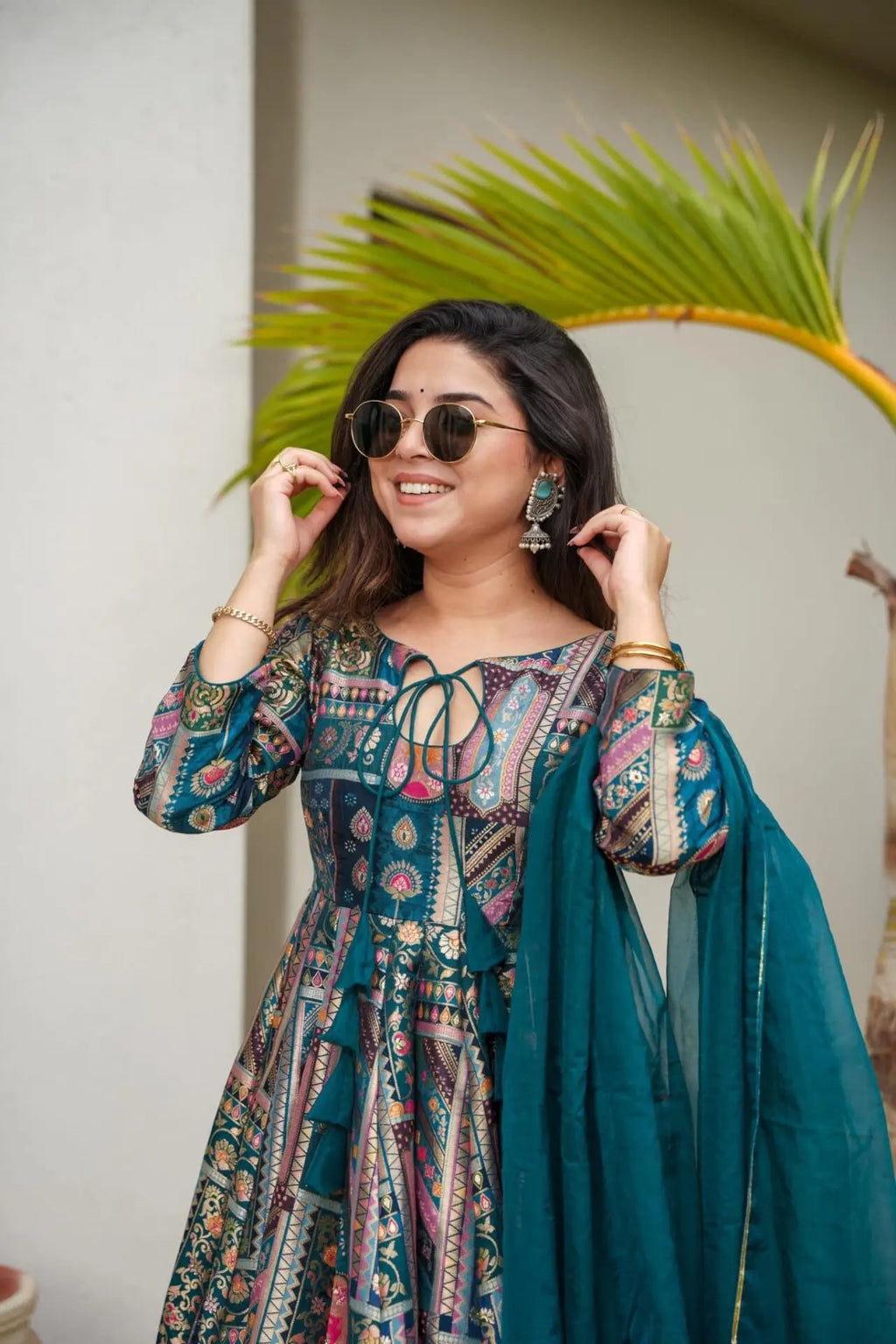 Shining Blue Color Multi Bright Silk Anarkali Suit For Women