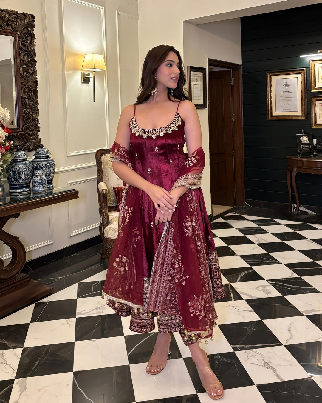 Royal Wine Maroon Soft Silk Anarkali Suit Set with Embroidered Dupatta for Women