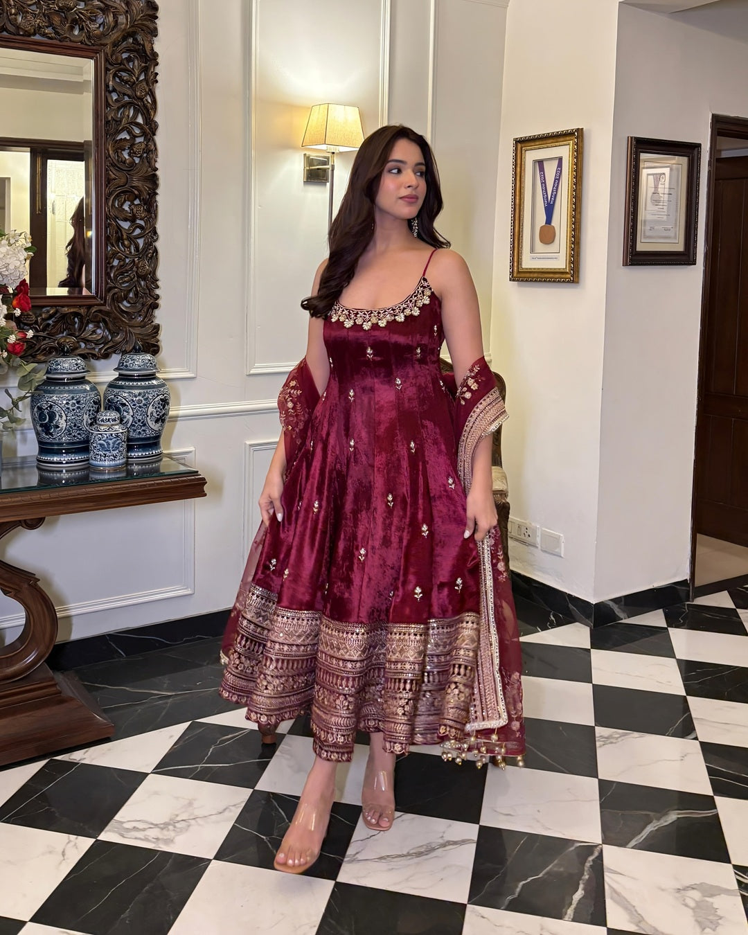 Royal Wine Maroon Soft Silk Anarkali Suit Set with Embroidered Dupatta for Women