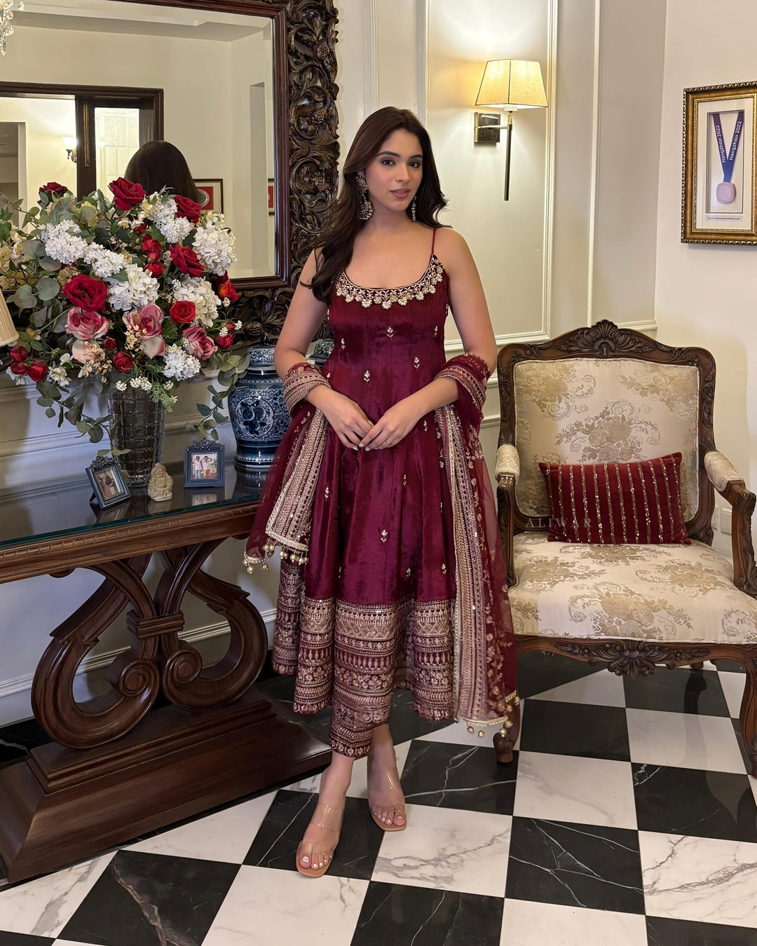 Royal Wine Maroon Soft Silk Anarkali Suit Set with Embroidered Dupatta for Women