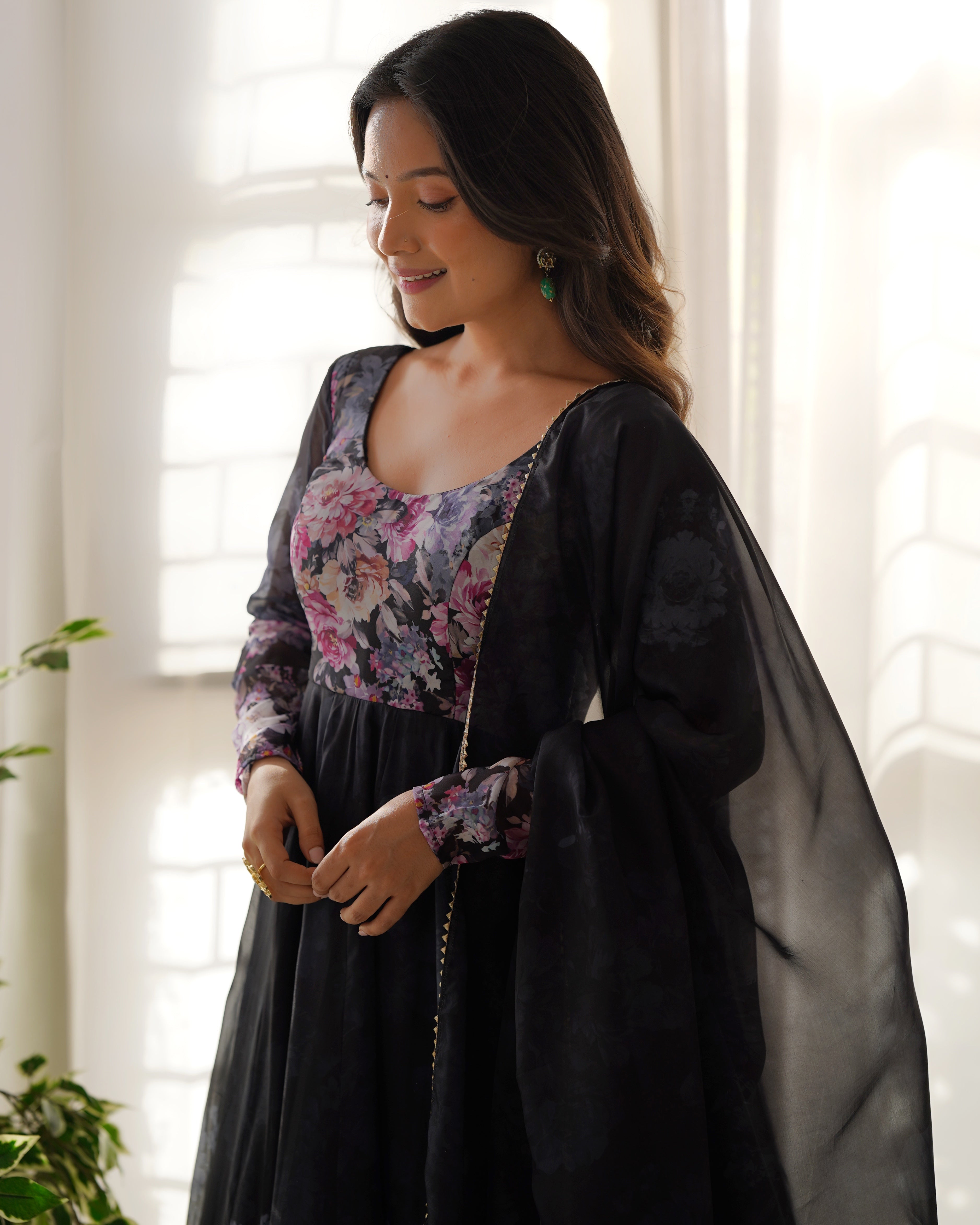 Black Color Floral Print Organza Three Piece Anarkali Suit For Women