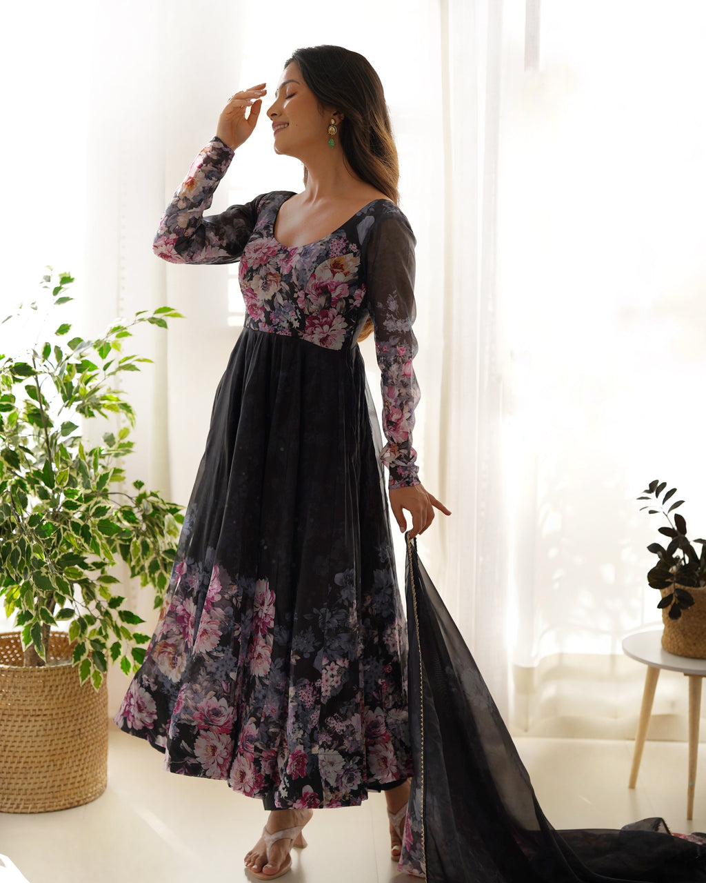 Black Color Floral Print Organza Three Piece Anarkali Suit For Women