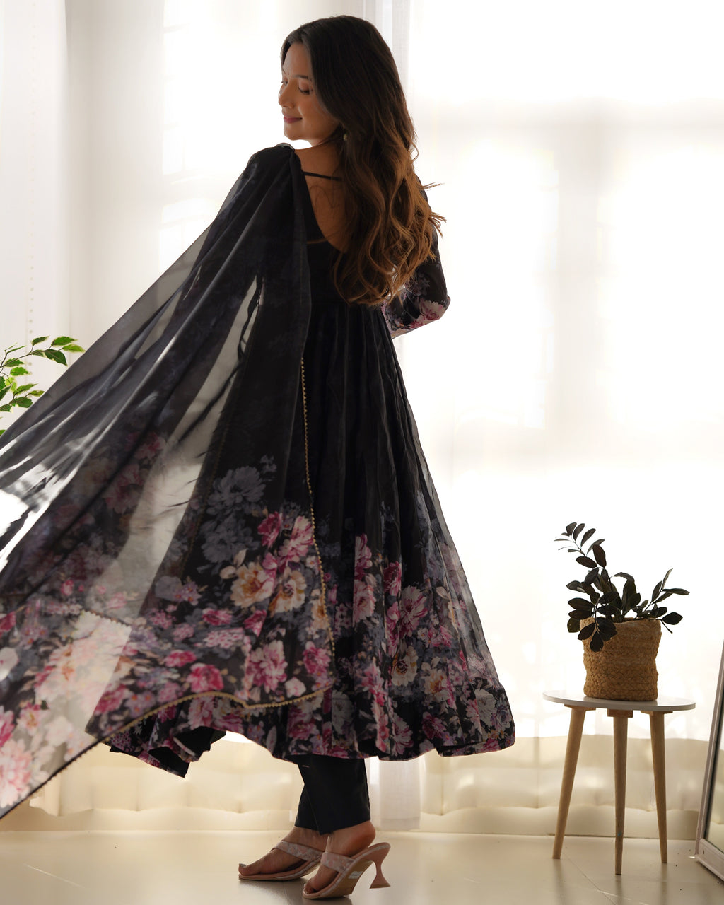 Black Color Floral Print Organza Three Piece Anarkali Suit For Women