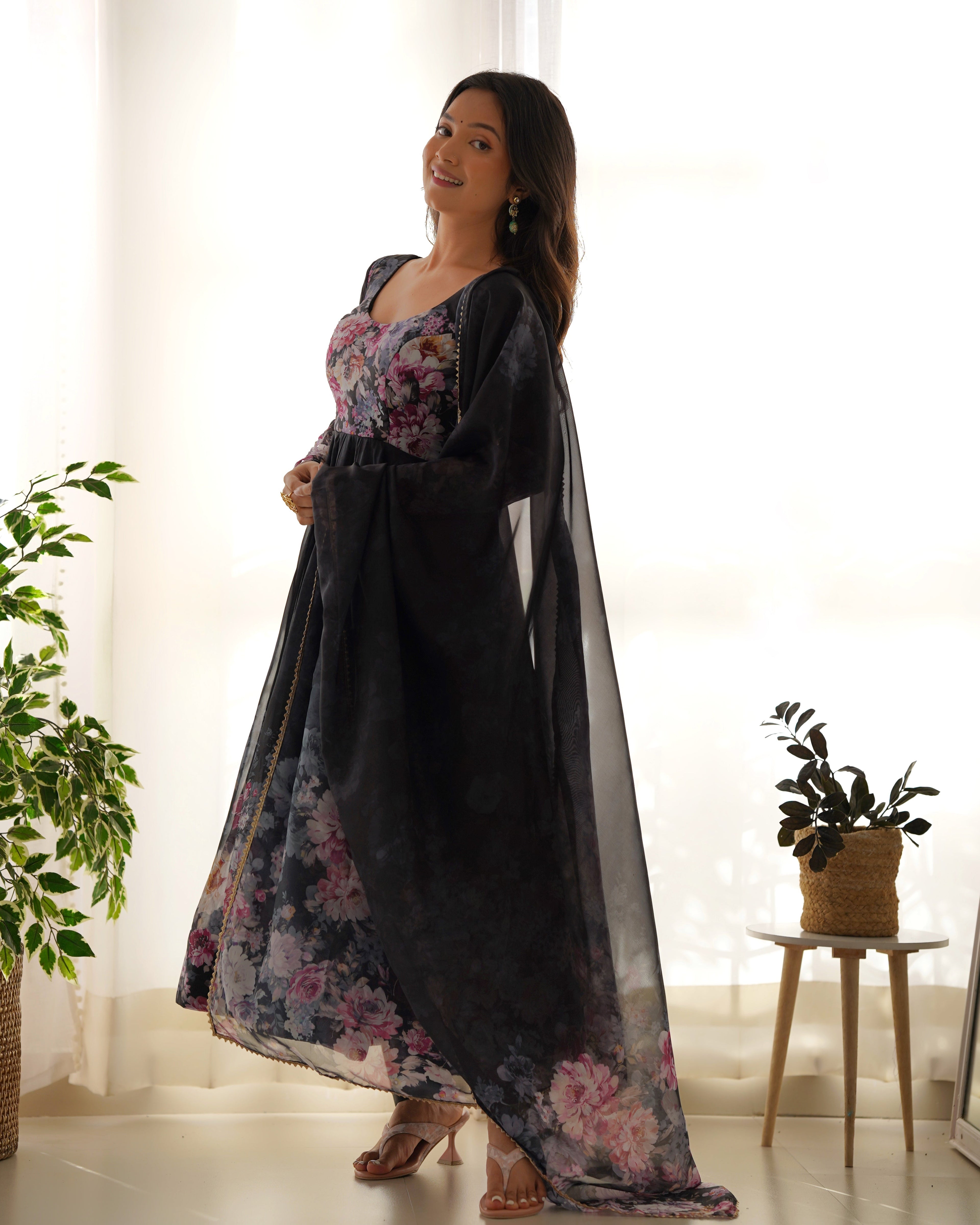 Black Color Floral Print Organza Three Piece Anarkali Suit For Women