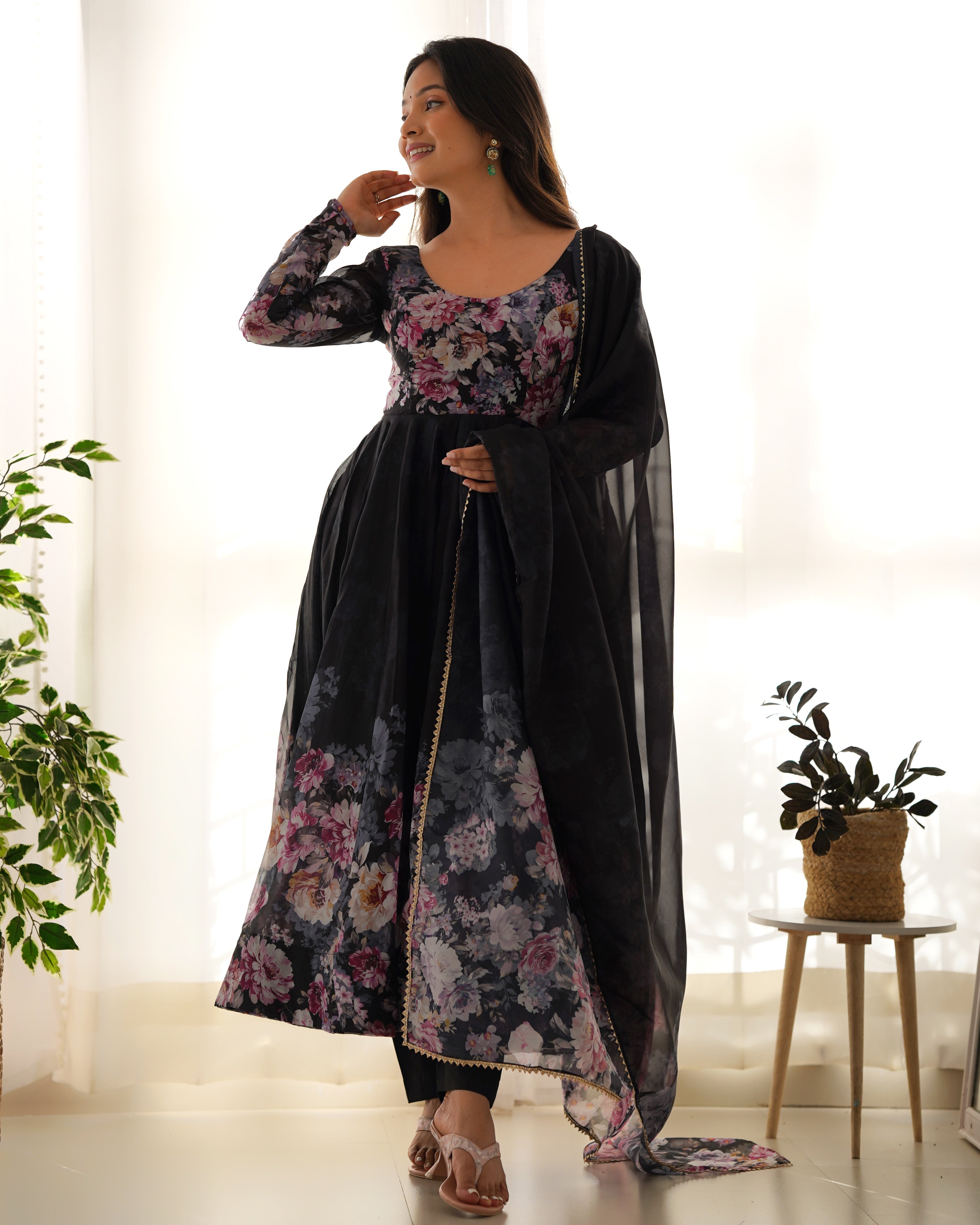 Black Color Floral Print Organza Three Piece Anarkali Suit For Women
