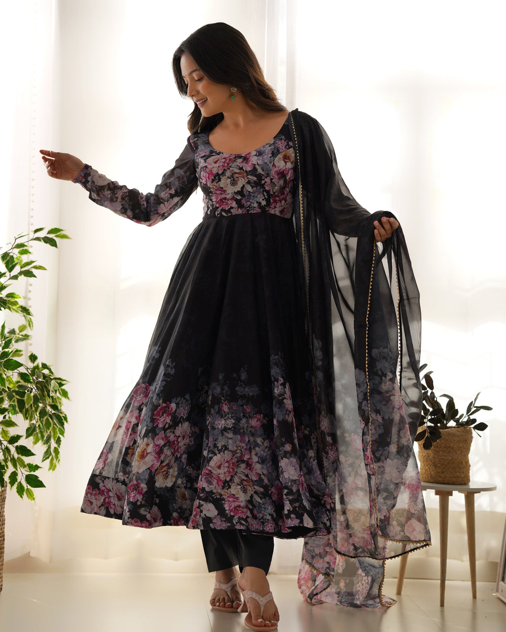 Black Color Floral Print Organza Three Piece Anarkali Suit For Women