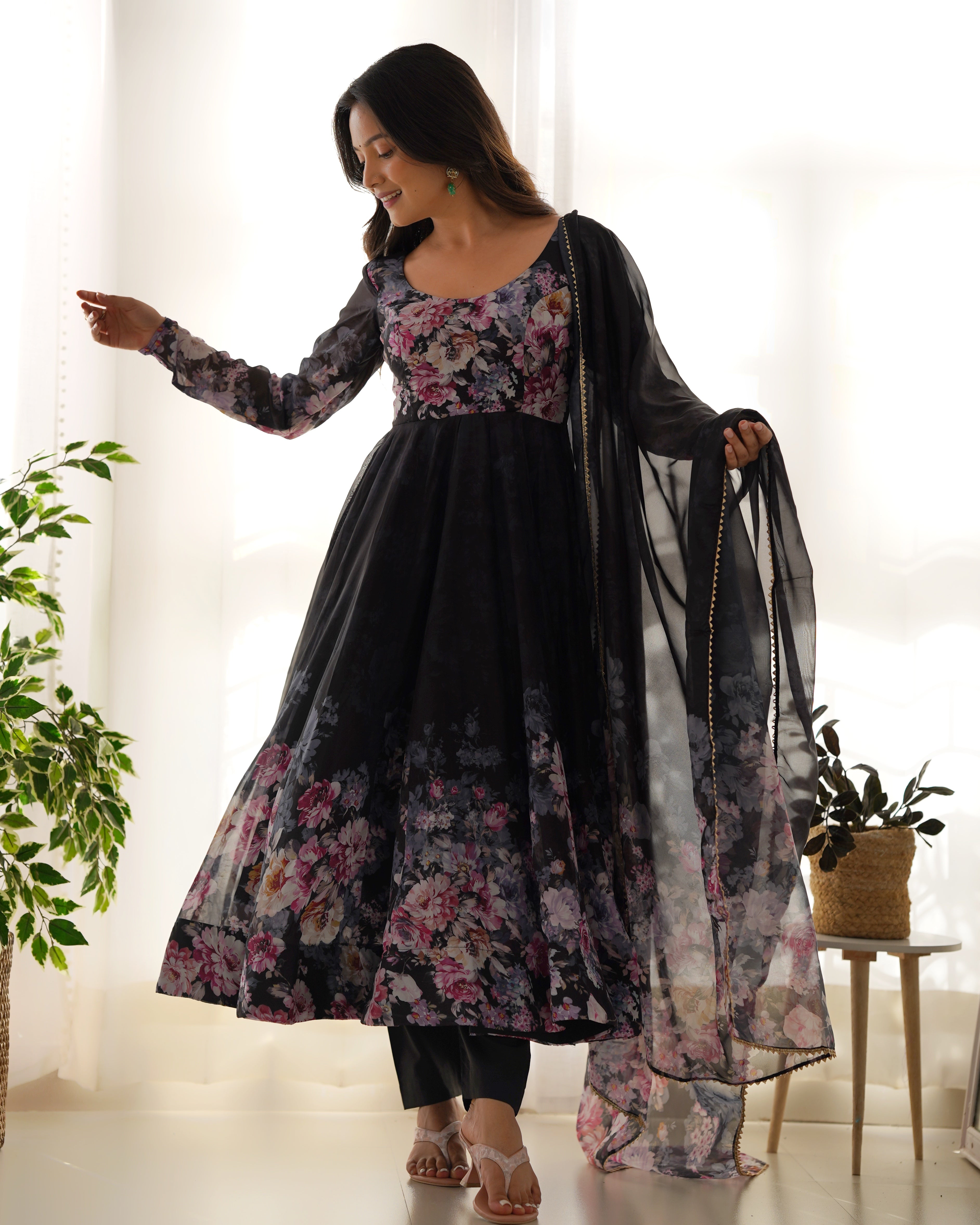 Black Color Floral Print Organza Three Piece Anarkali Suit For Women
