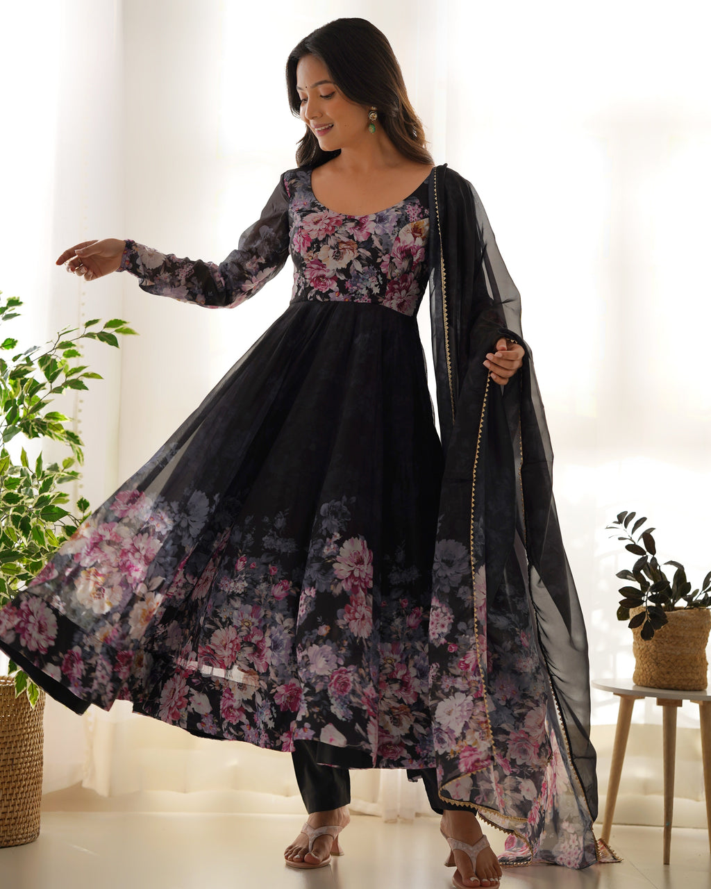 Black Color Floral Print Organza Three Piece Anarkali Suit For Women