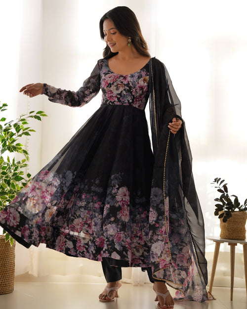 Black Color Floral Print Organza Three Piece Anarkali Suit For Women