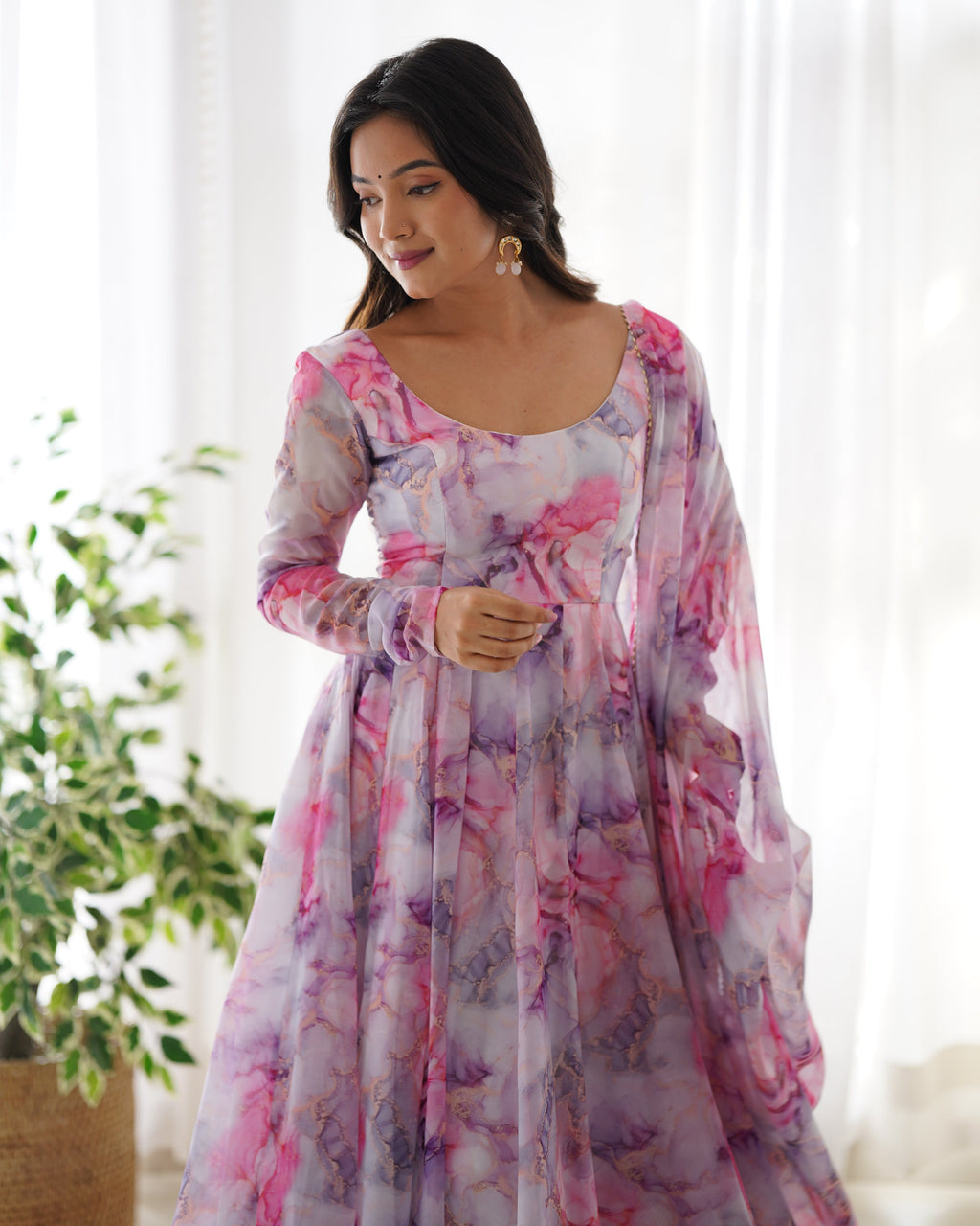 Printed Pink And White Kali Pattern Organza Silk Three-Piece Anarkali Suit For Women