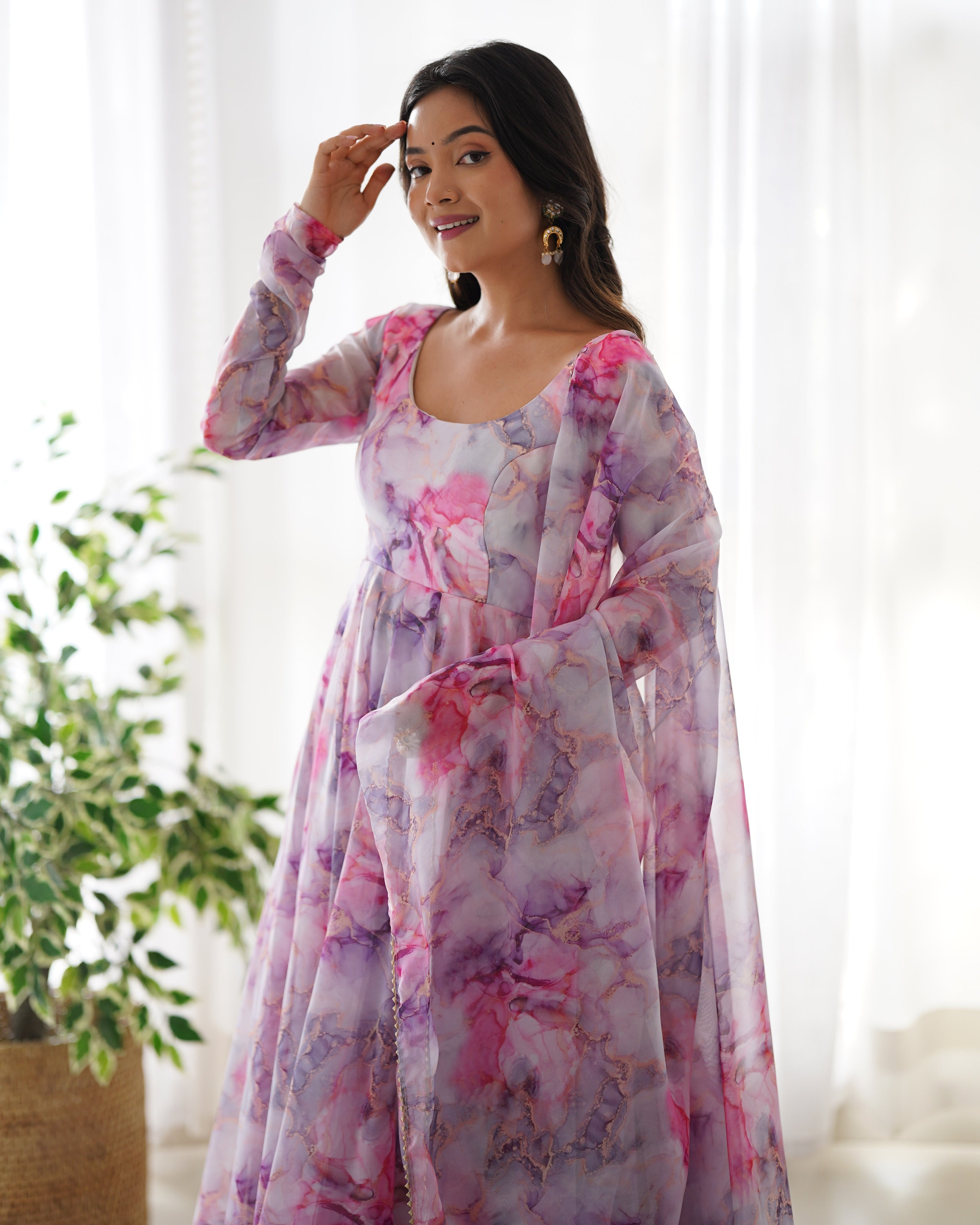 Printed Pink And White Kali Pattern Organza Silk Three-Piece Anarkali Suit For Women