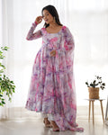 Printed Pink And White Kali Pattern Organza Silk Three-Piece Anarkali Suit For Women