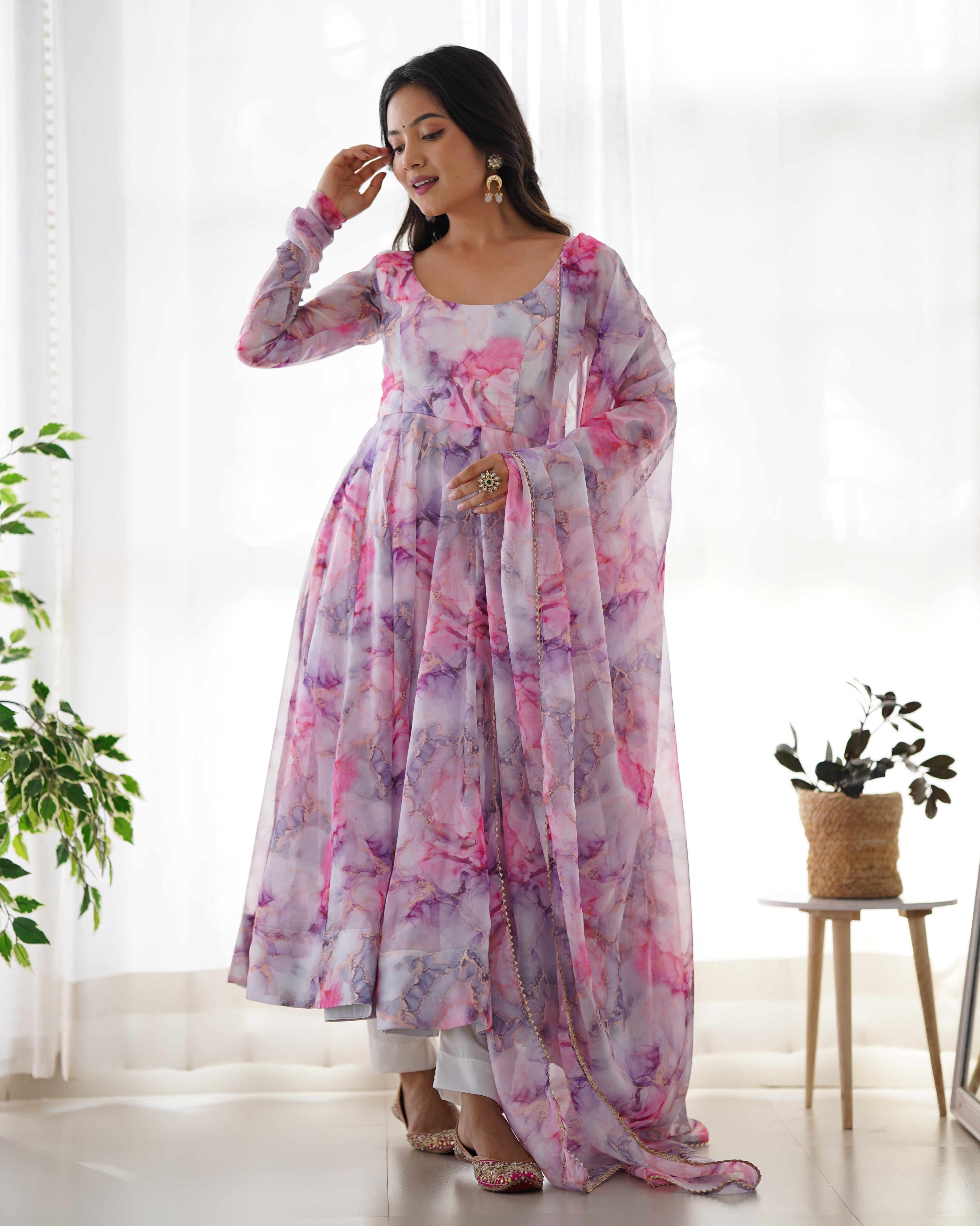 Printed Pink And White Kali Pattern Organza Silk Three-Piece Anarkali Suit For Women