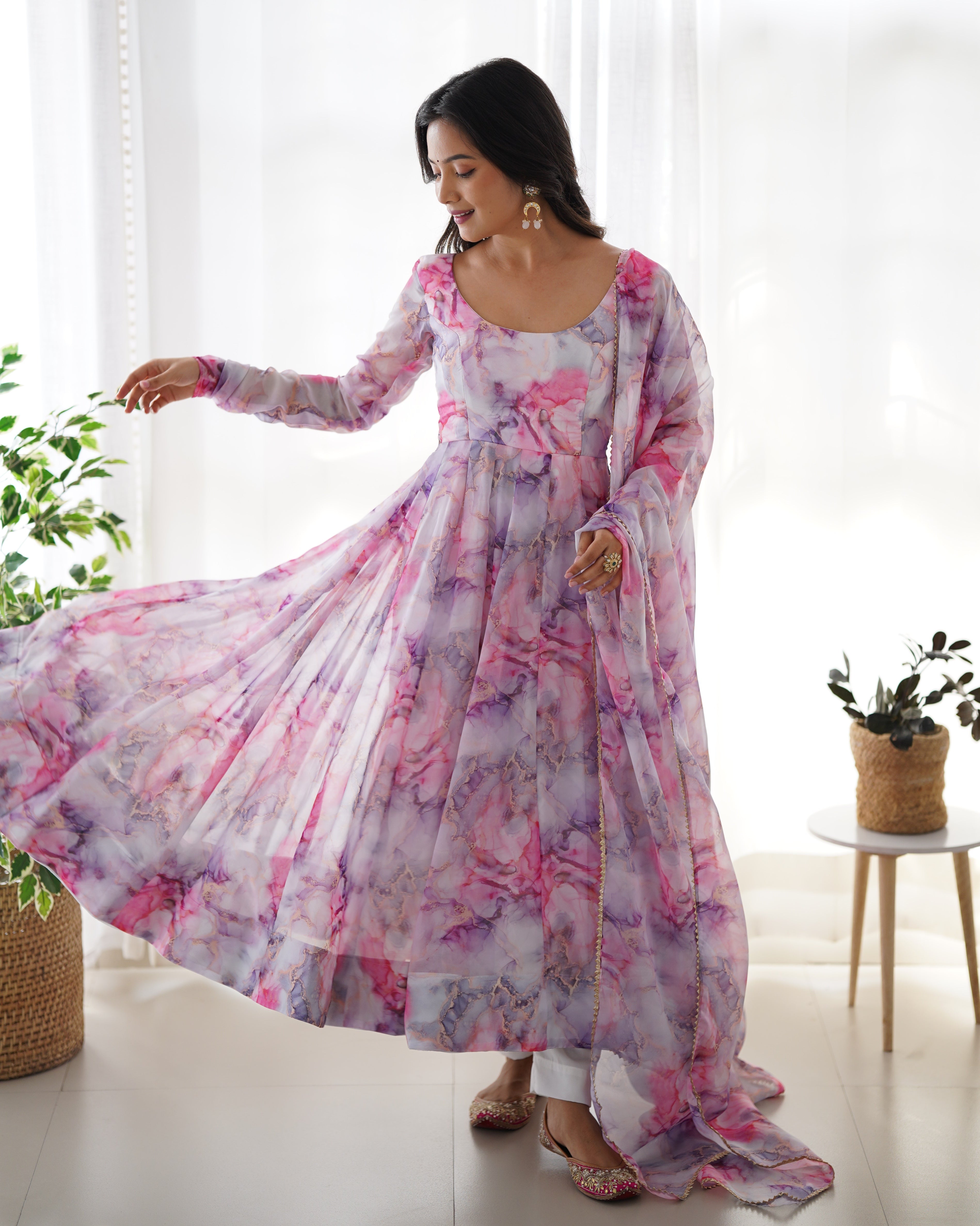 Printed Pink And White Kali Pattern Organza Silk Three-Piece Anarkali Suit For Women
