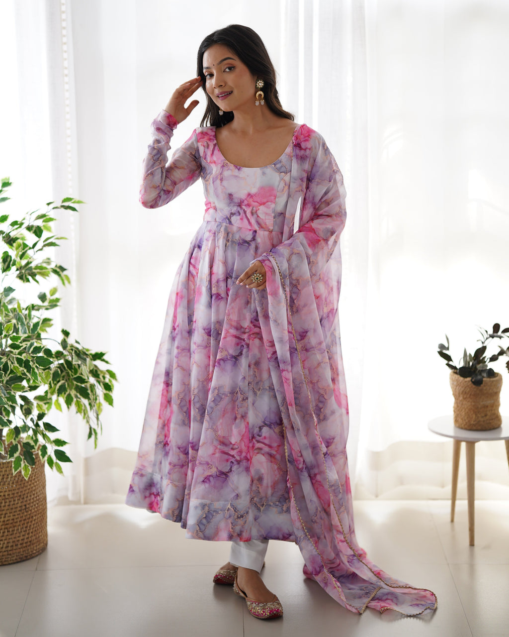 Printed Pink And White Kali Pattern Organza Silk Three-Piece Anarkali Suit For Women
