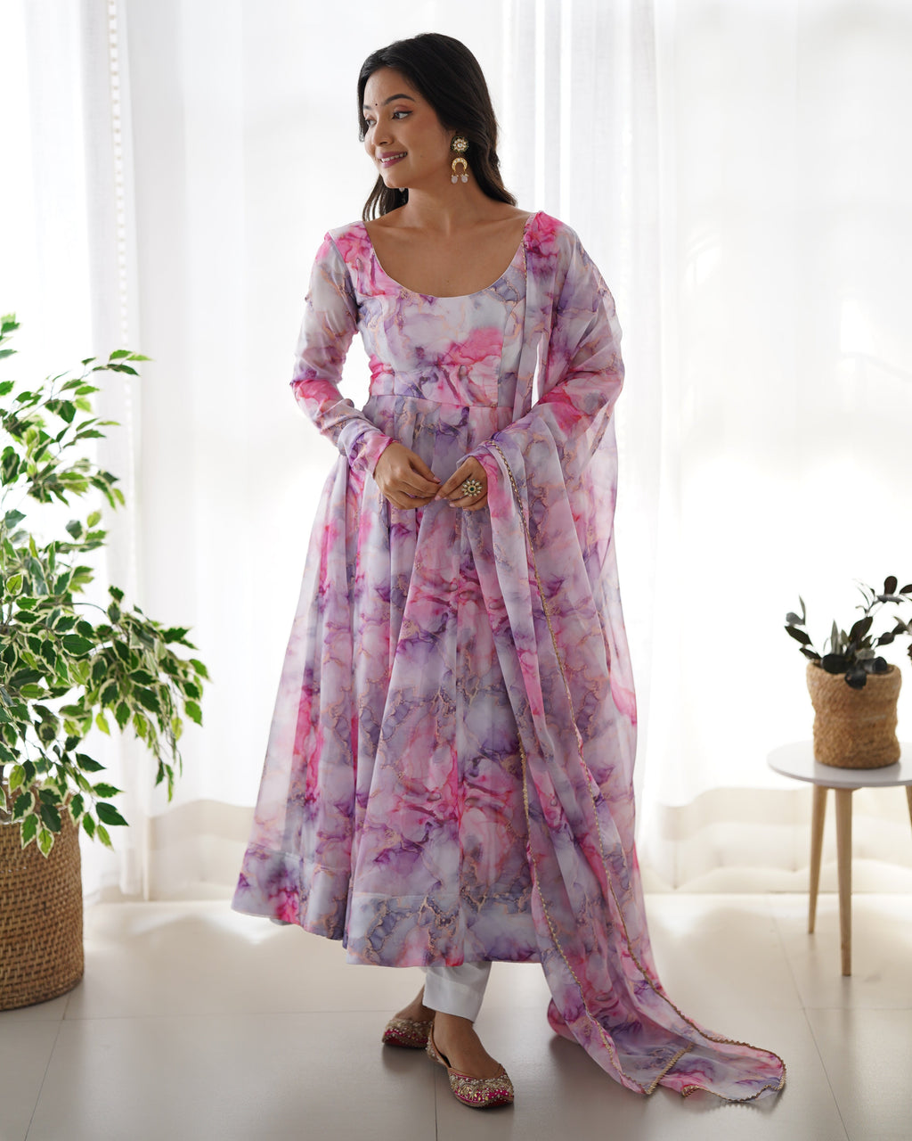Printed Pink And White Kali Pattern Organza Silk Three-Piece Anarkali Suit For Women