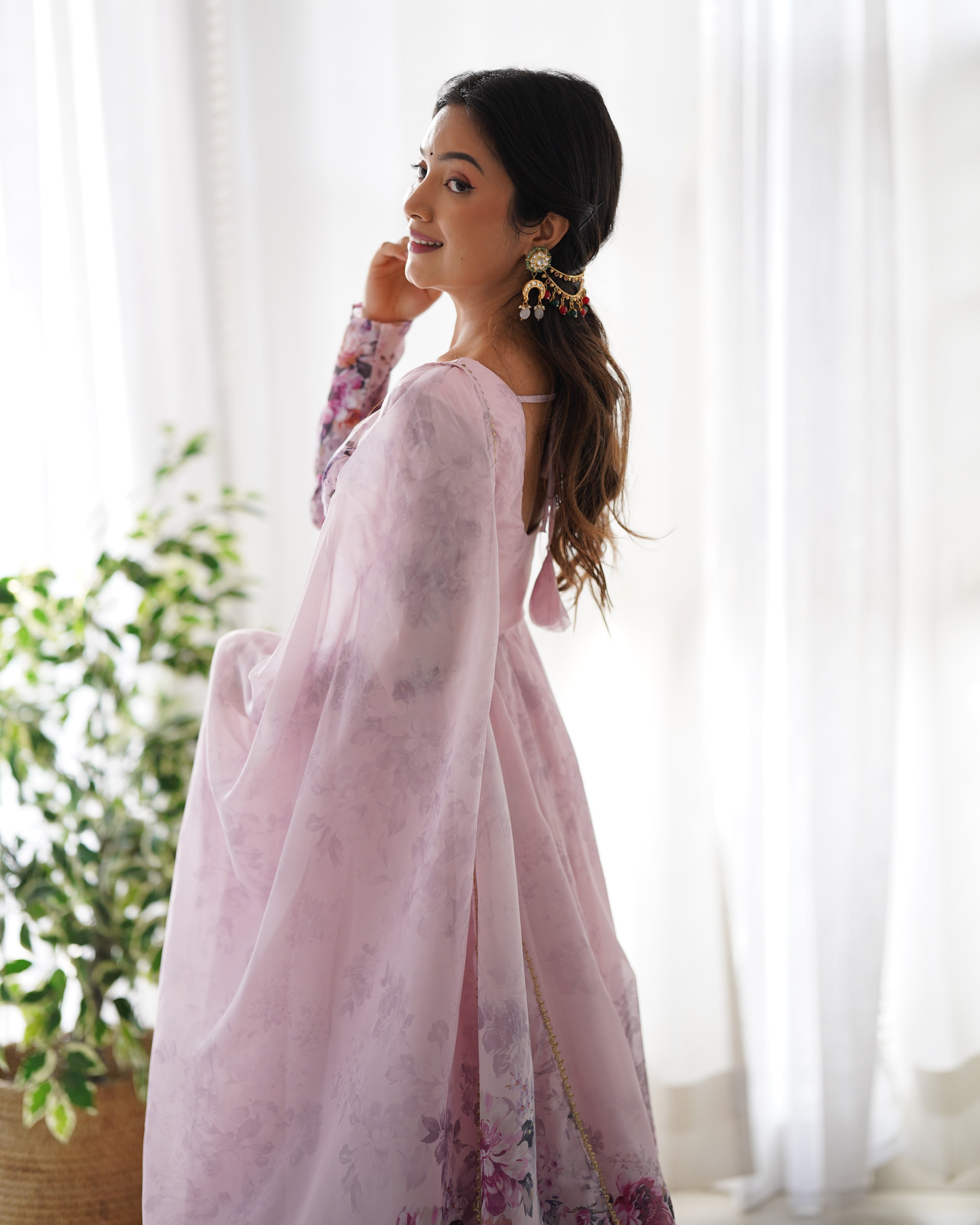 Baby Pink Color Floral Print Organza Three Piece Anarkali Suit For Women