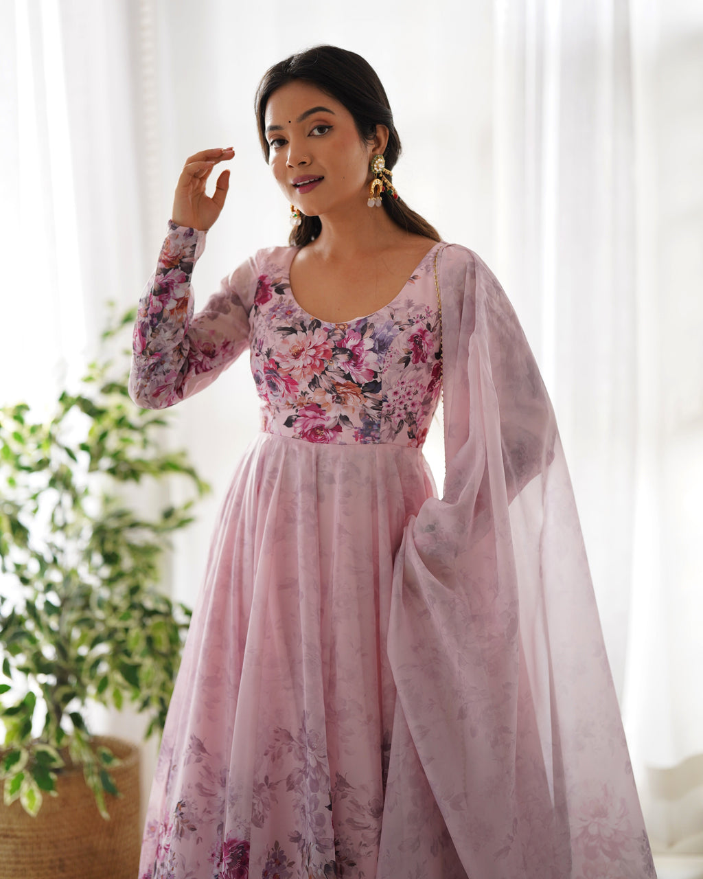 Baby Pink Color Floral Print Organza Three Piece Anarkali Suit For Women