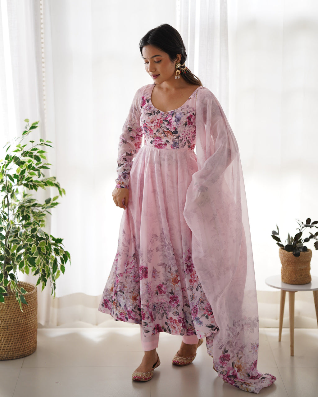 Baby Pink Color Floral Print Organza Three Piece Anarkali Suit For Women