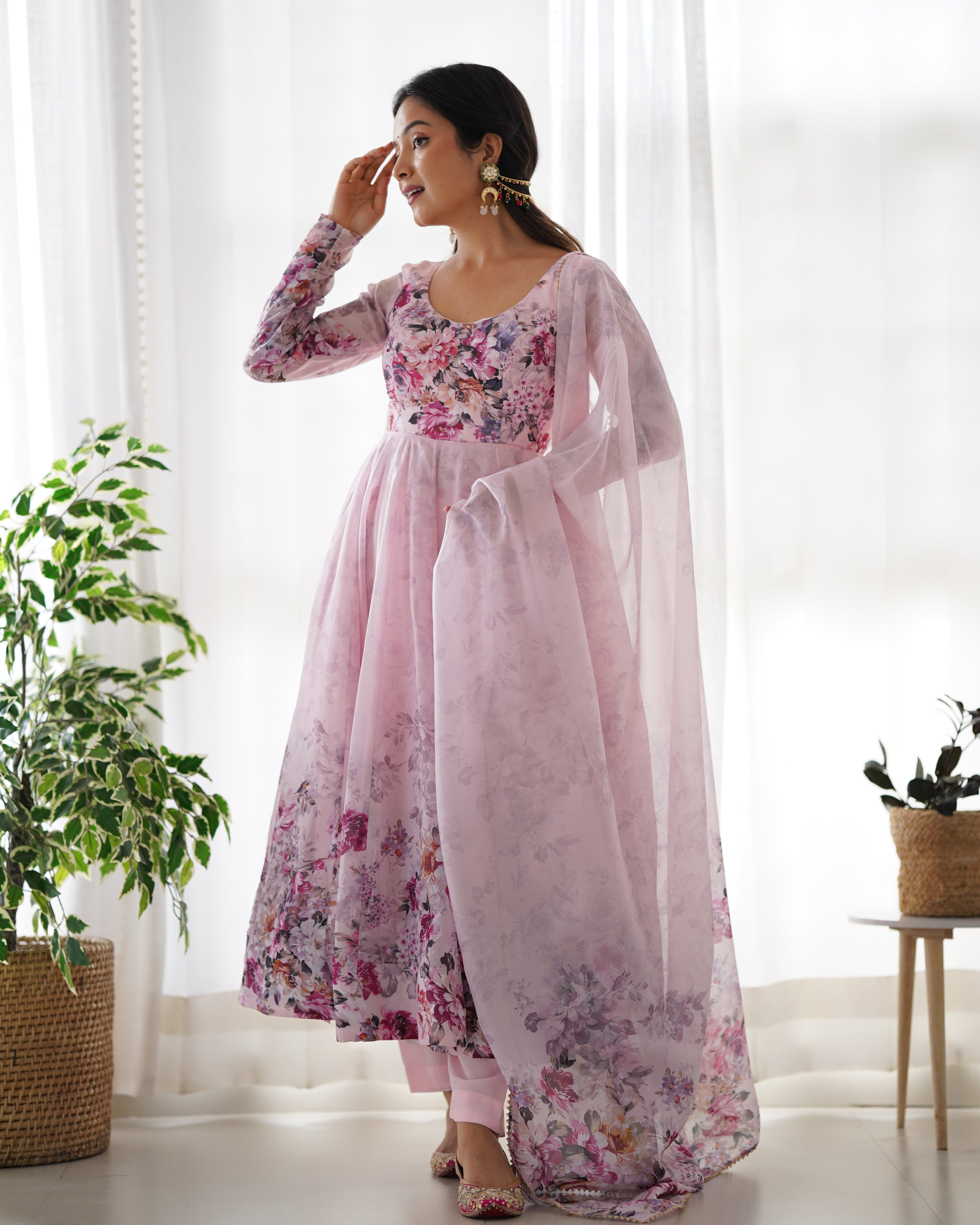 Baby Pink Color Floral Print Organza Three Piece Anarkali Suit For Women