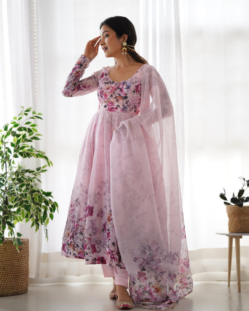 Baby Pink Color Floral Print Organza Three Piece Anarkali Suit For Women