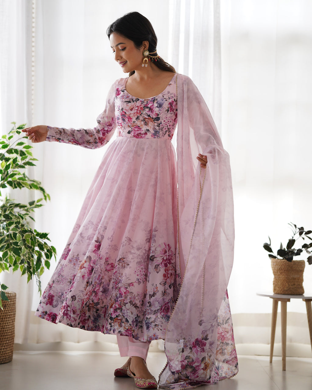 Baby Pink Color Floral Print Organza Three Piece Anarkali Suit For Women