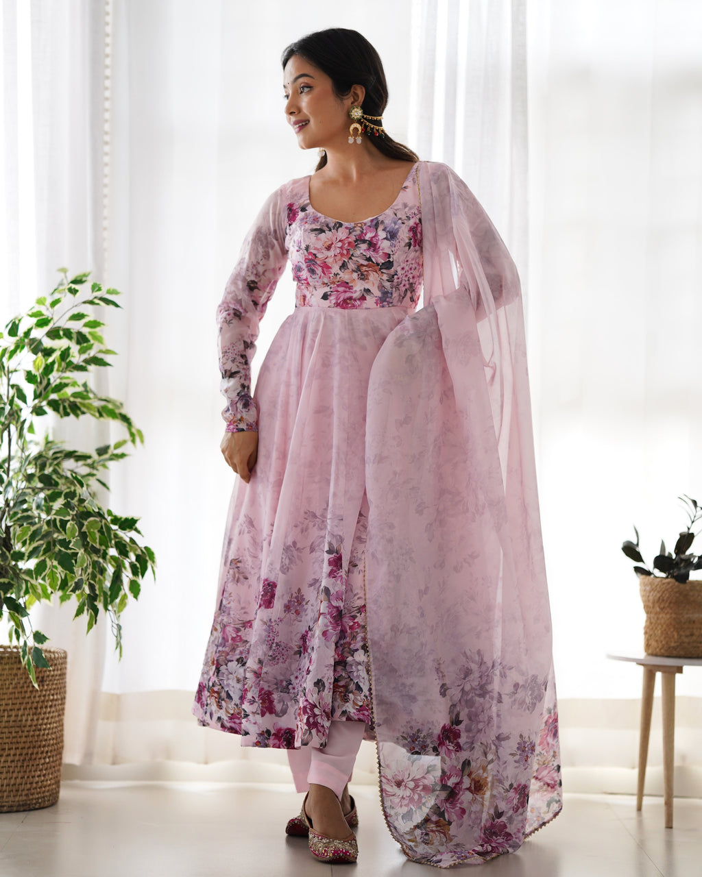 Baby Pink Color Floral Print Organza Three Piece Anarkali Suit For Women