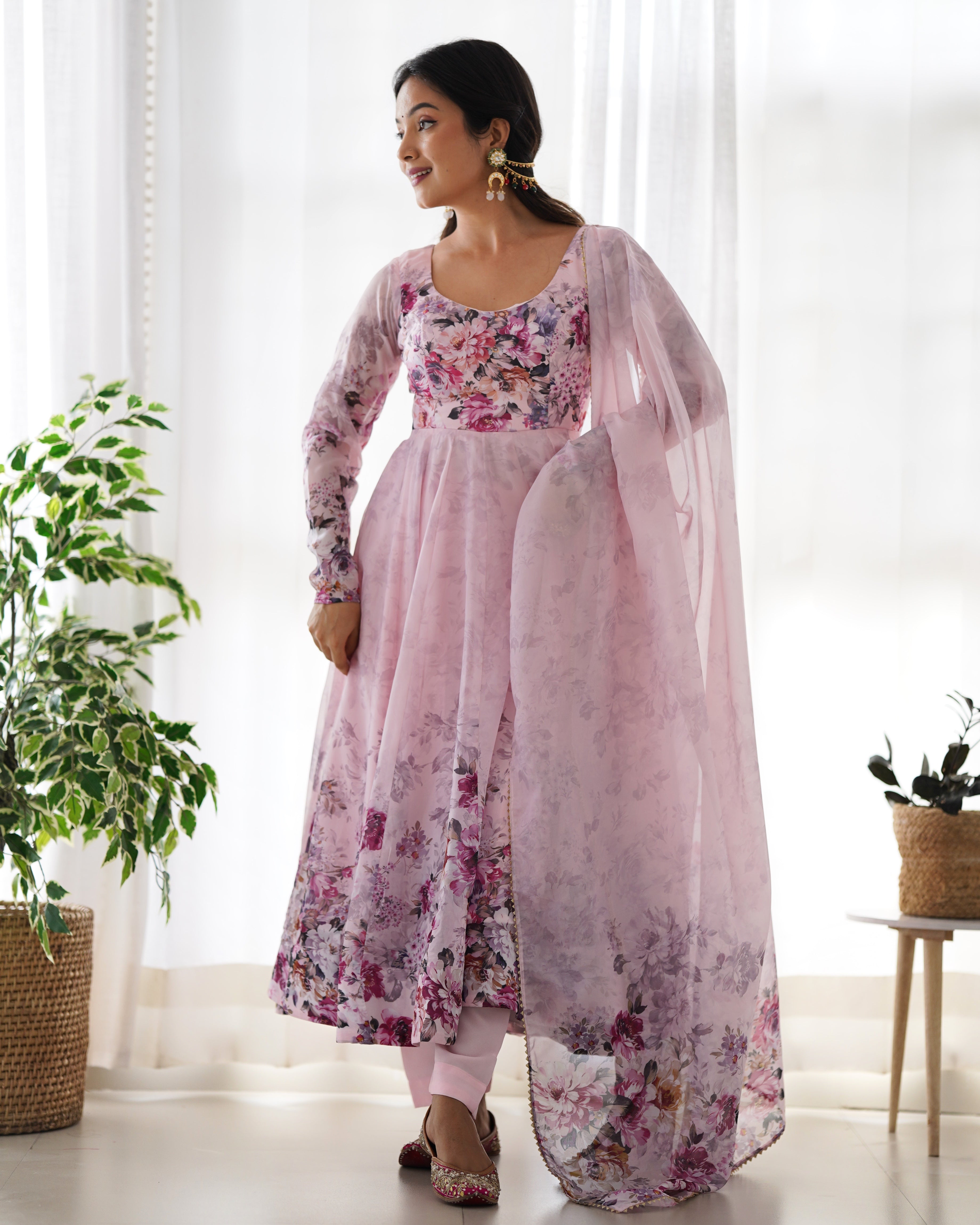 Baby Pink Color Floral Print Organza Three Piece Anarkali Suit For Women