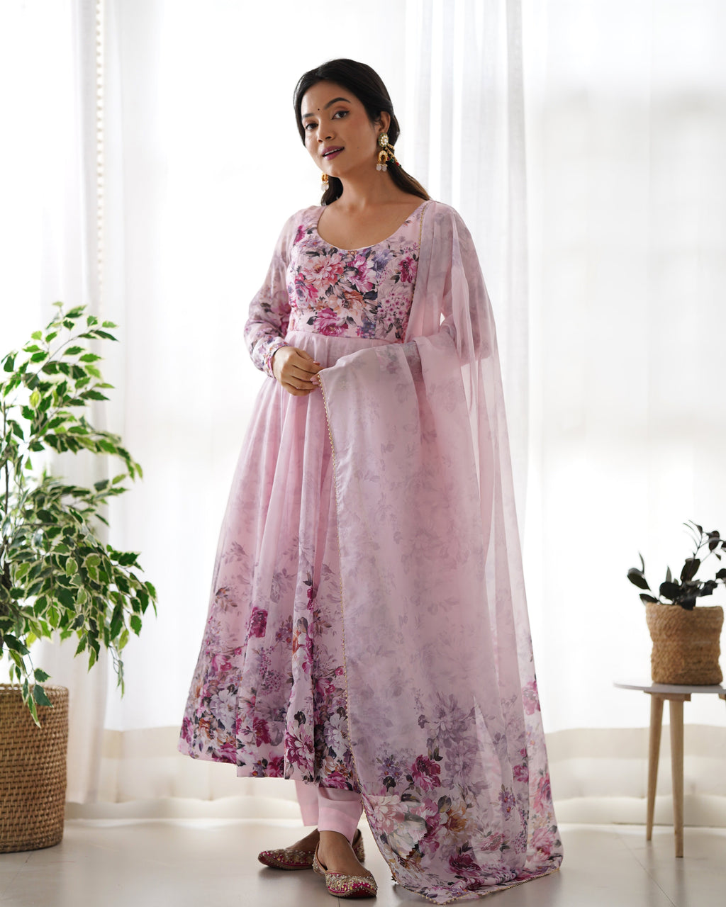 Baby Pink Color Floral Print Organza Three Piece Anarkali Suit For Women