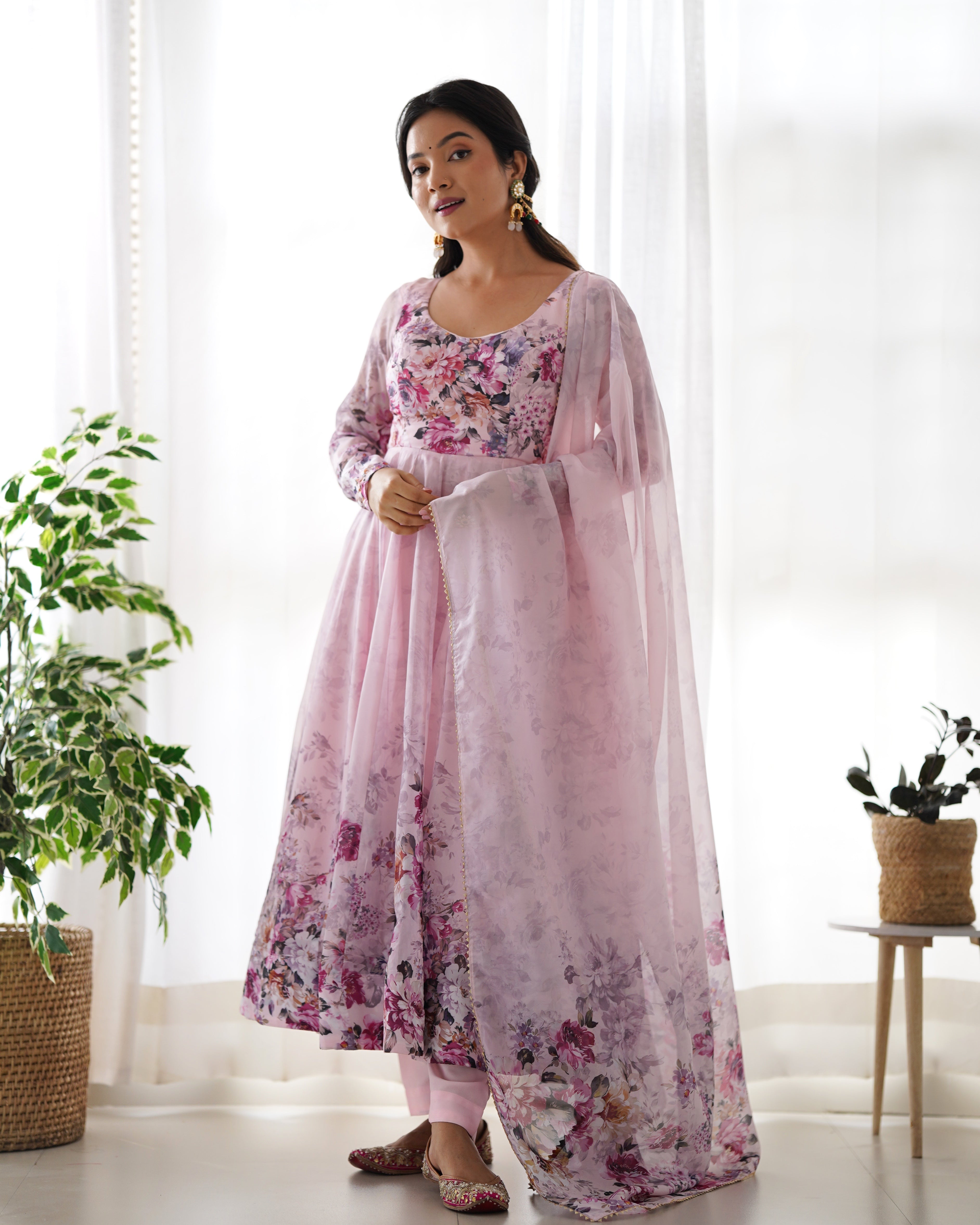 Baby Pink Color Floral Print Organza Three Piece Anarkali Suit For Women