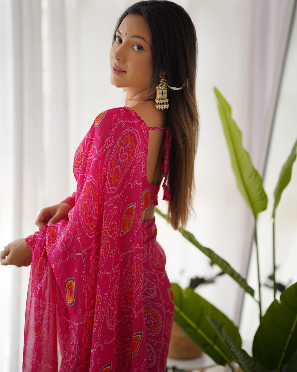 Pink Pure Soft Chiffon Bandhej Printed Ready To Wear Saree - INDIAN ELEGANCE